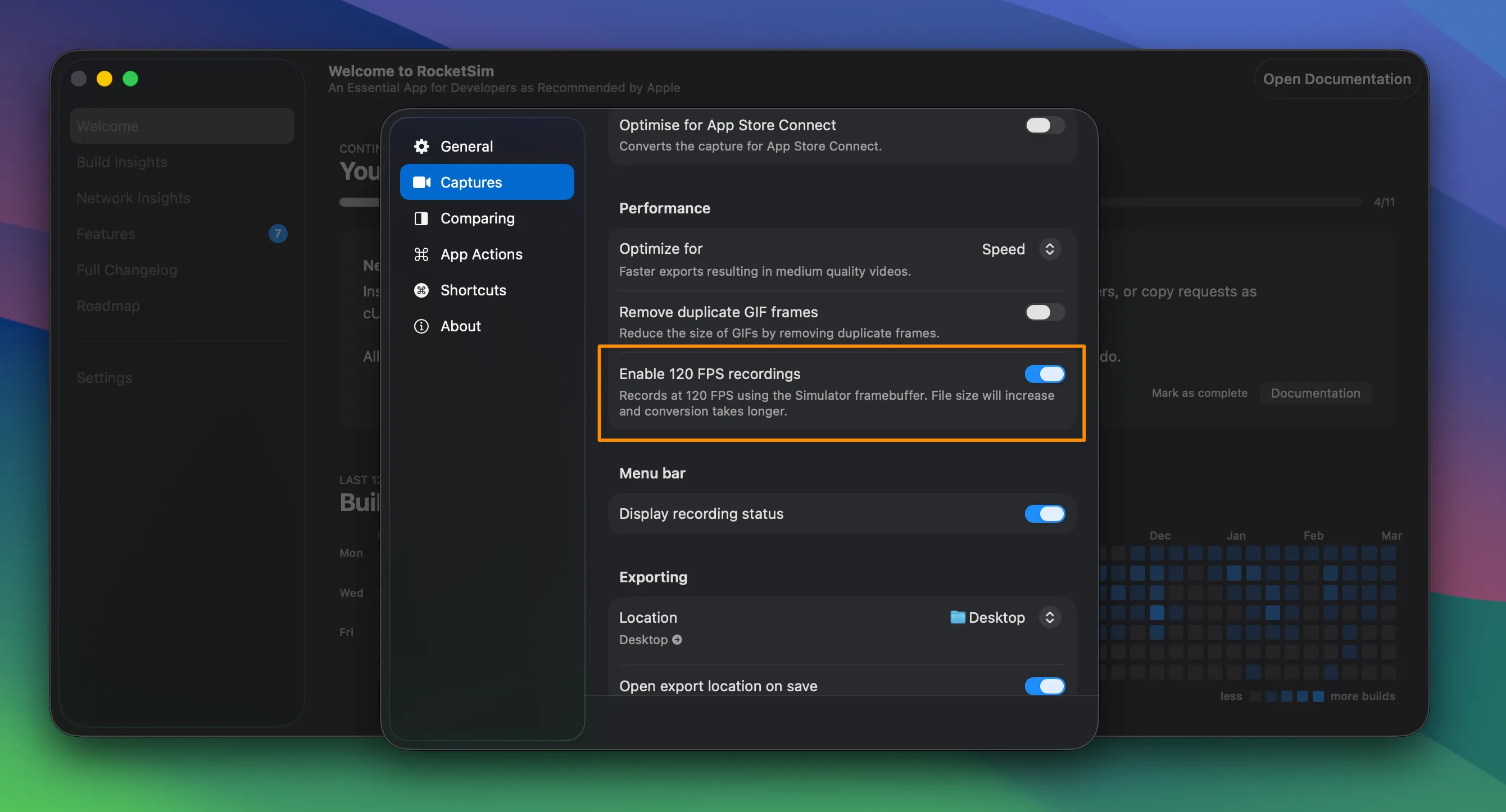 RocketSim Settings → Captures with Enable 120 FPS recordings toggle