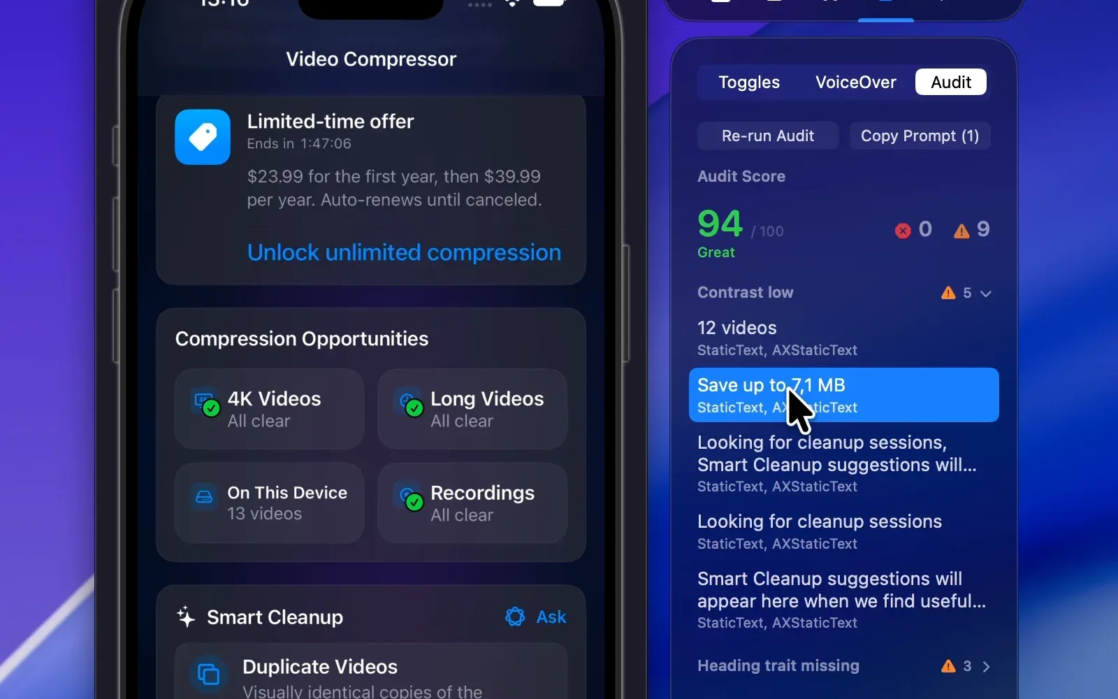 RocketSim's accessibility audit on the iOS Simulator showing an audit score of 94, the Contrast low findings list, and the affected text highlighted in the app.