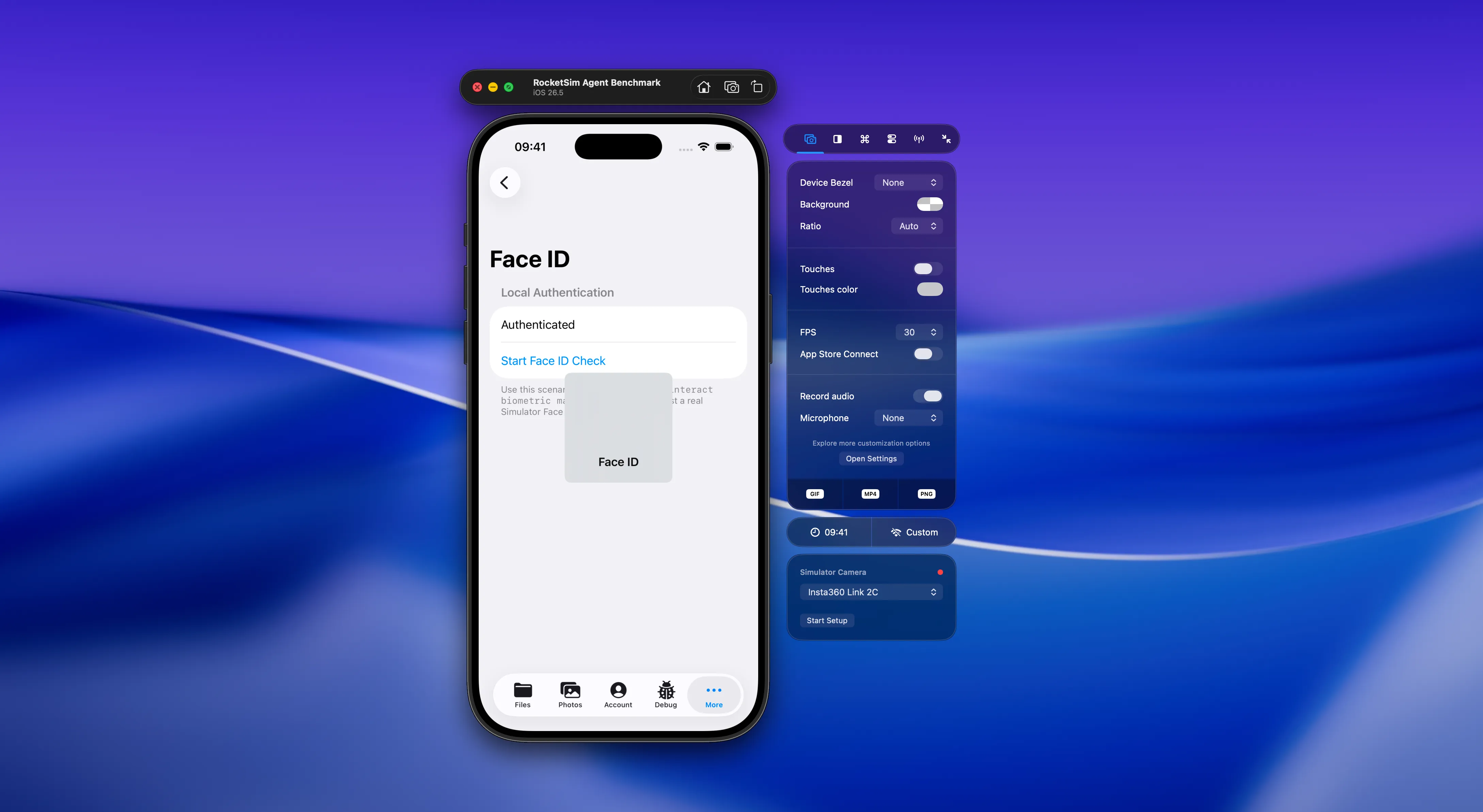 RocketSim Agent Benchmark app showing a Face ID test scenario next to the RocketSim side window.