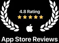 "4.8 Rating" badge from the Apple App Store, with five gold stars and a laurel wreath.