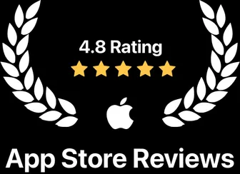 "4.8 Rating" badge from the Apple App Store, with five gold stars. The badge is black with white text and a white Apple logo, surrounded by a laurel wreath. Text at the bottom reads "App Store Reviews."