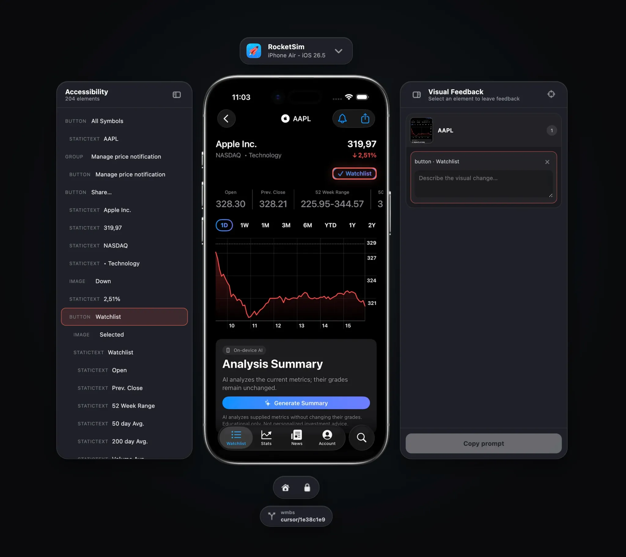 RocketSim Browser Preview showing an accessibility tree, a live iPhone Simulator, and visual feedback for a selected Watchlist button.