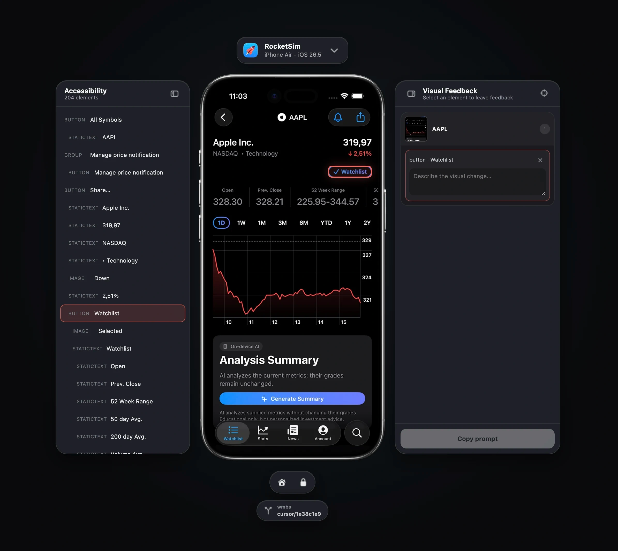 RocketSim Browser Preview showing an accessibility tree, a live iPhone Simulator, and visual feedback for a selected Watchlist button.