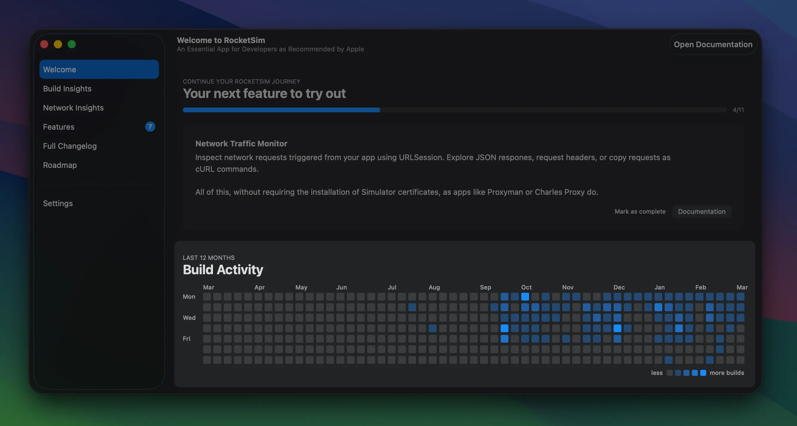 Welcome view with Build Activity graph for the last 12 months