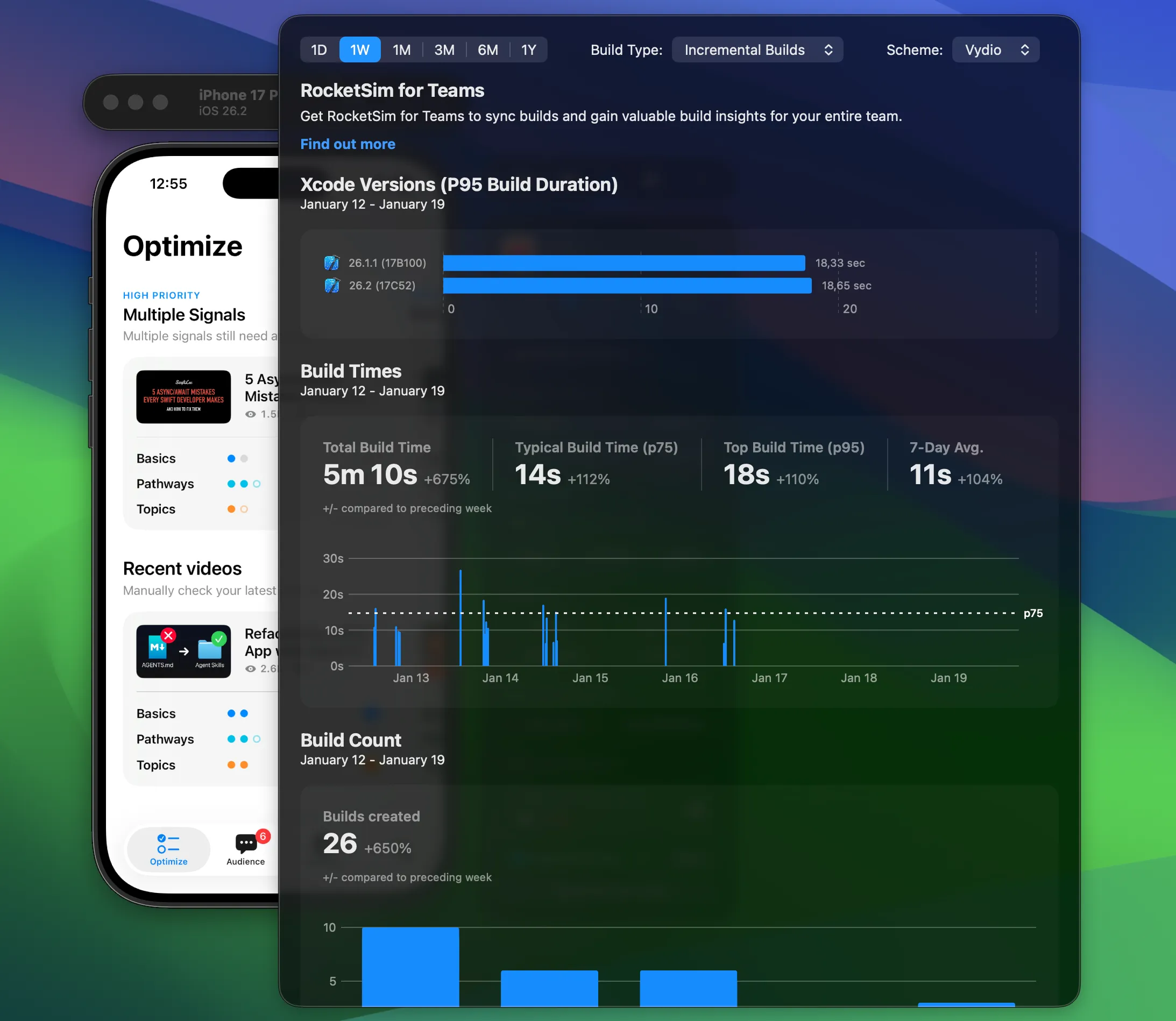 RocketSim Build Insights showing recent builds with their durations and whether they were incremental or clean.