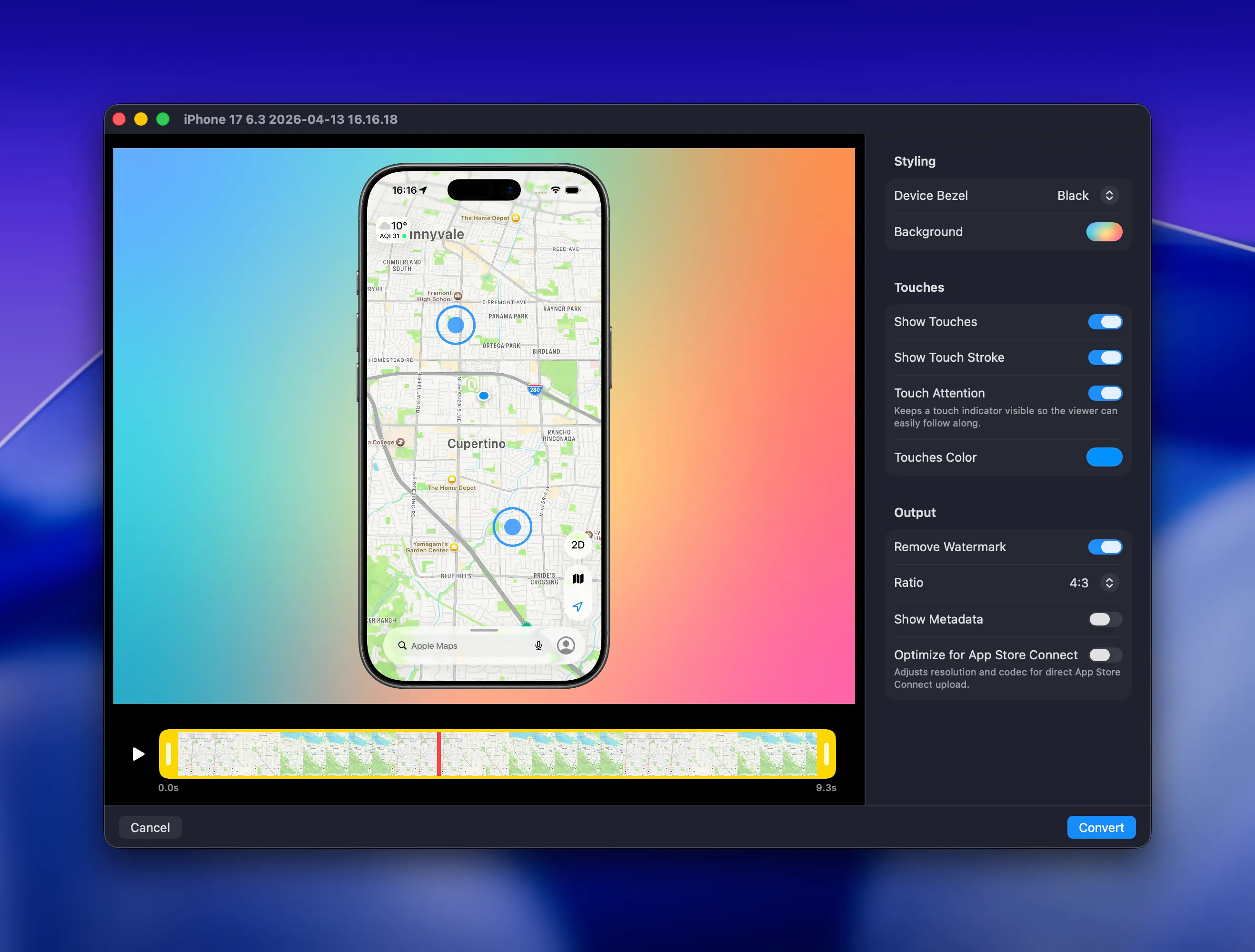 Capture Editor showing a pinch gesture with two visible touch points while editing a recording.
