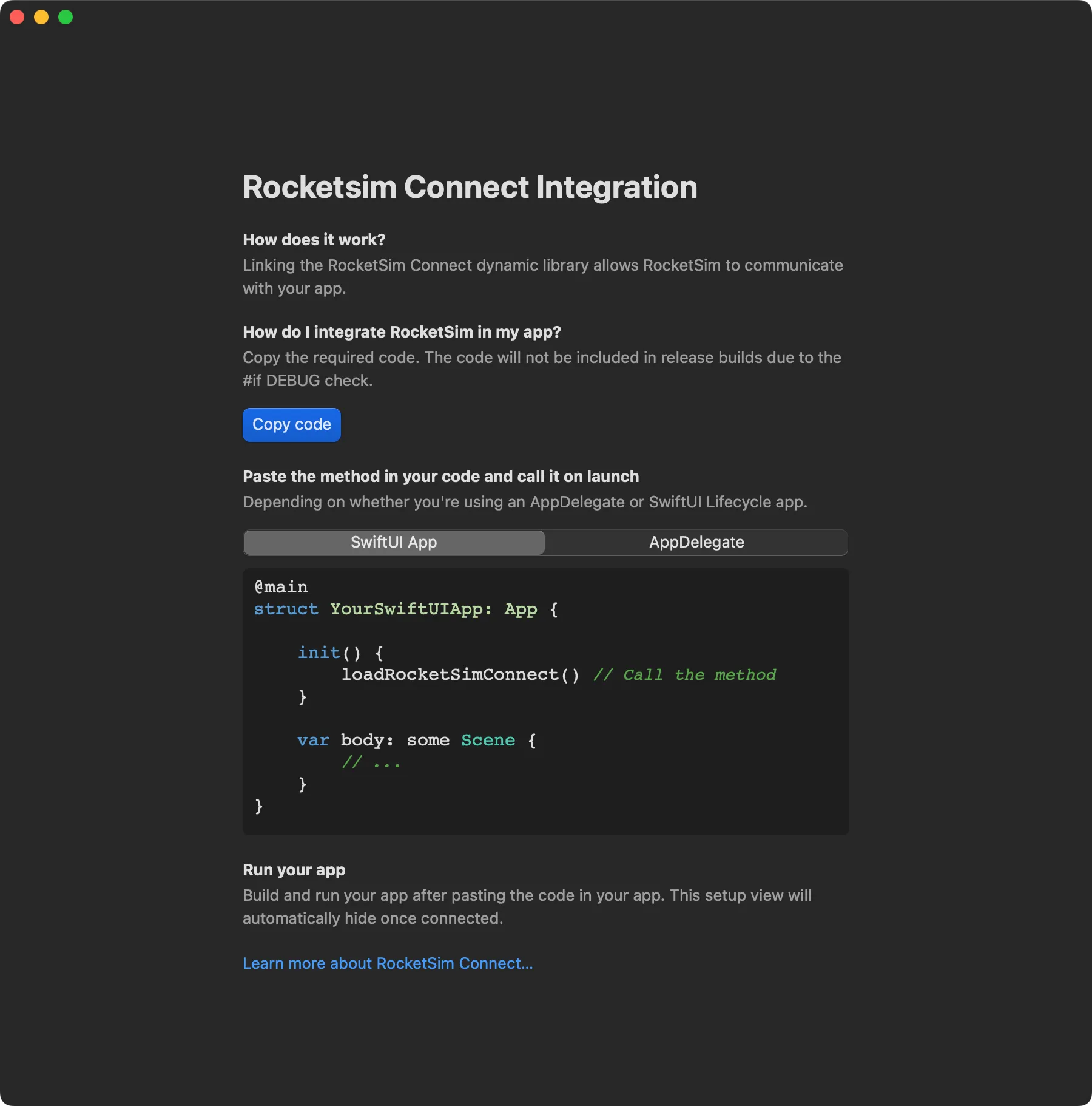 Setup RocketSim Connect — Copy Code in app