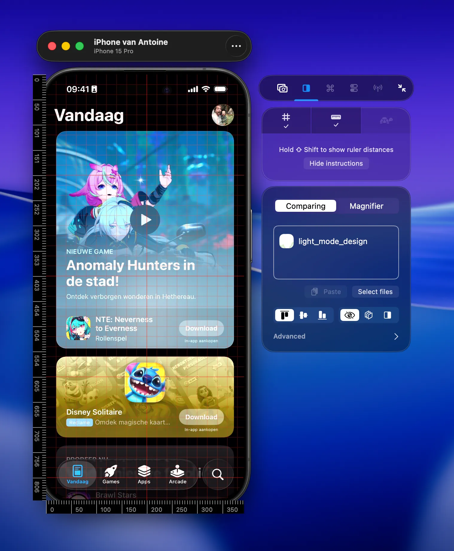Grids and rulers over a physical device preview