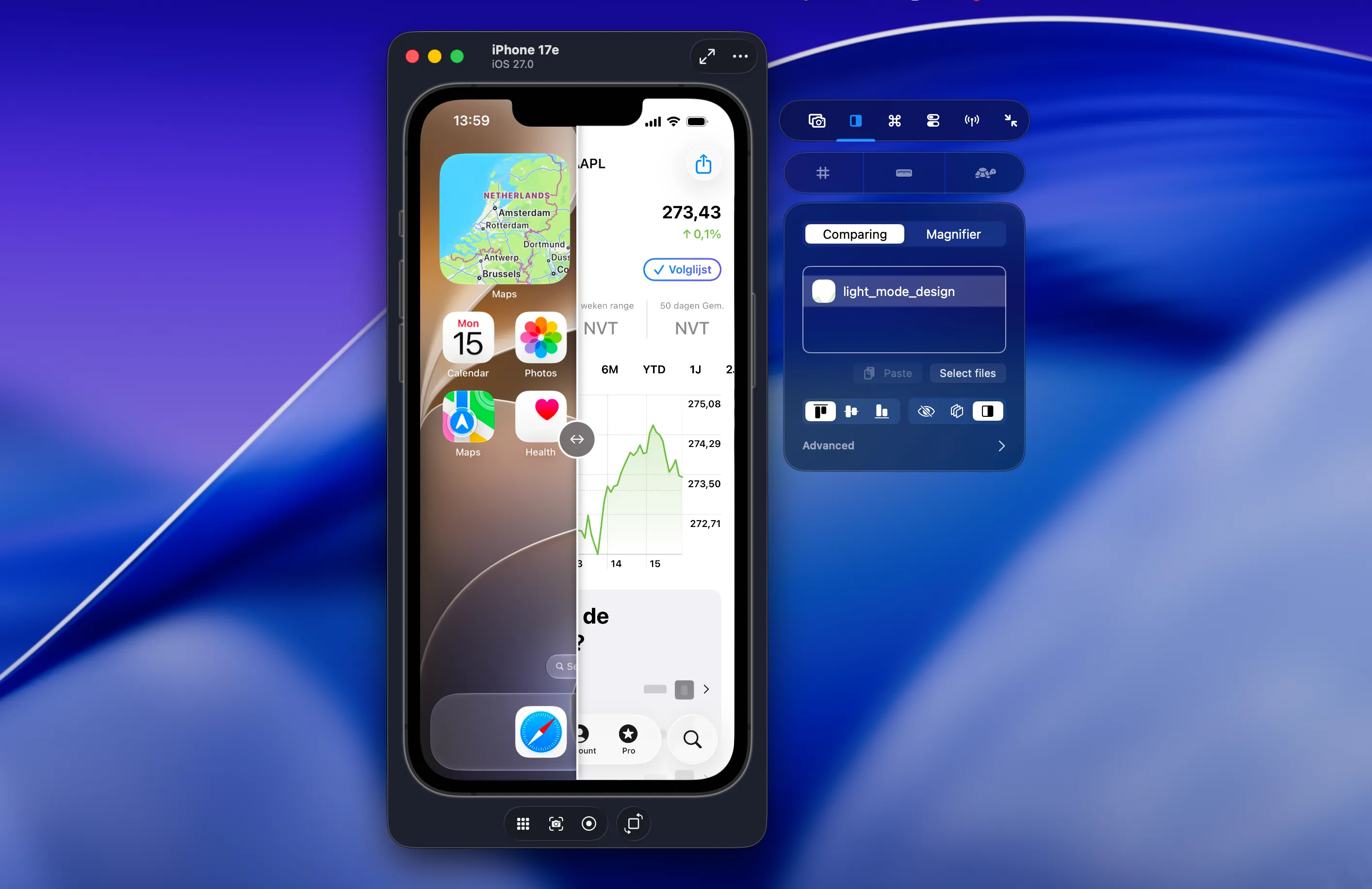 RocketSim's design comparison tools overlaying a device inside Xcode 27's Device Hub