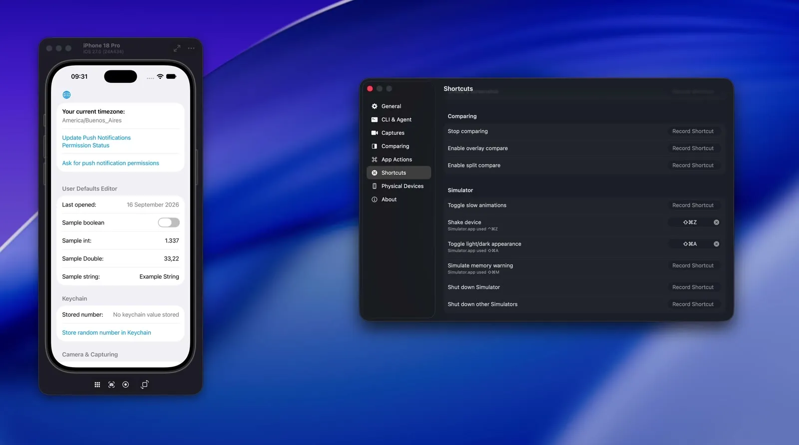 Xcode 27 Device Hub beside RocketSim Settings with shortcuts for Slow Animations, Shake, appearance, memory warnings, and Simulator shutdown.