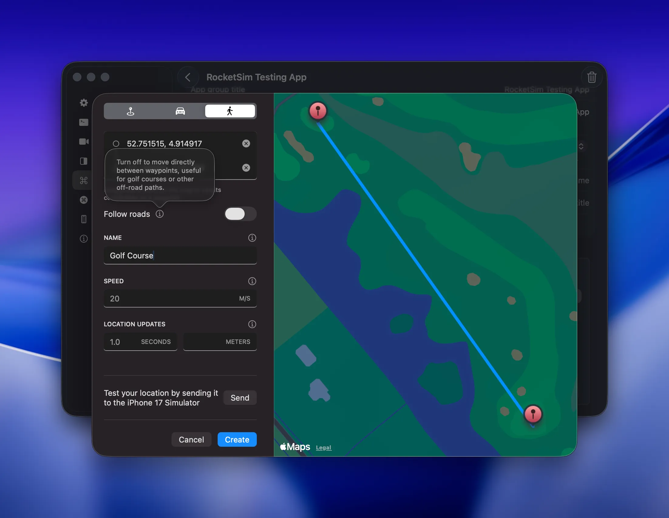 Creating an off-road golf course route by long-pressing coordinates on the map