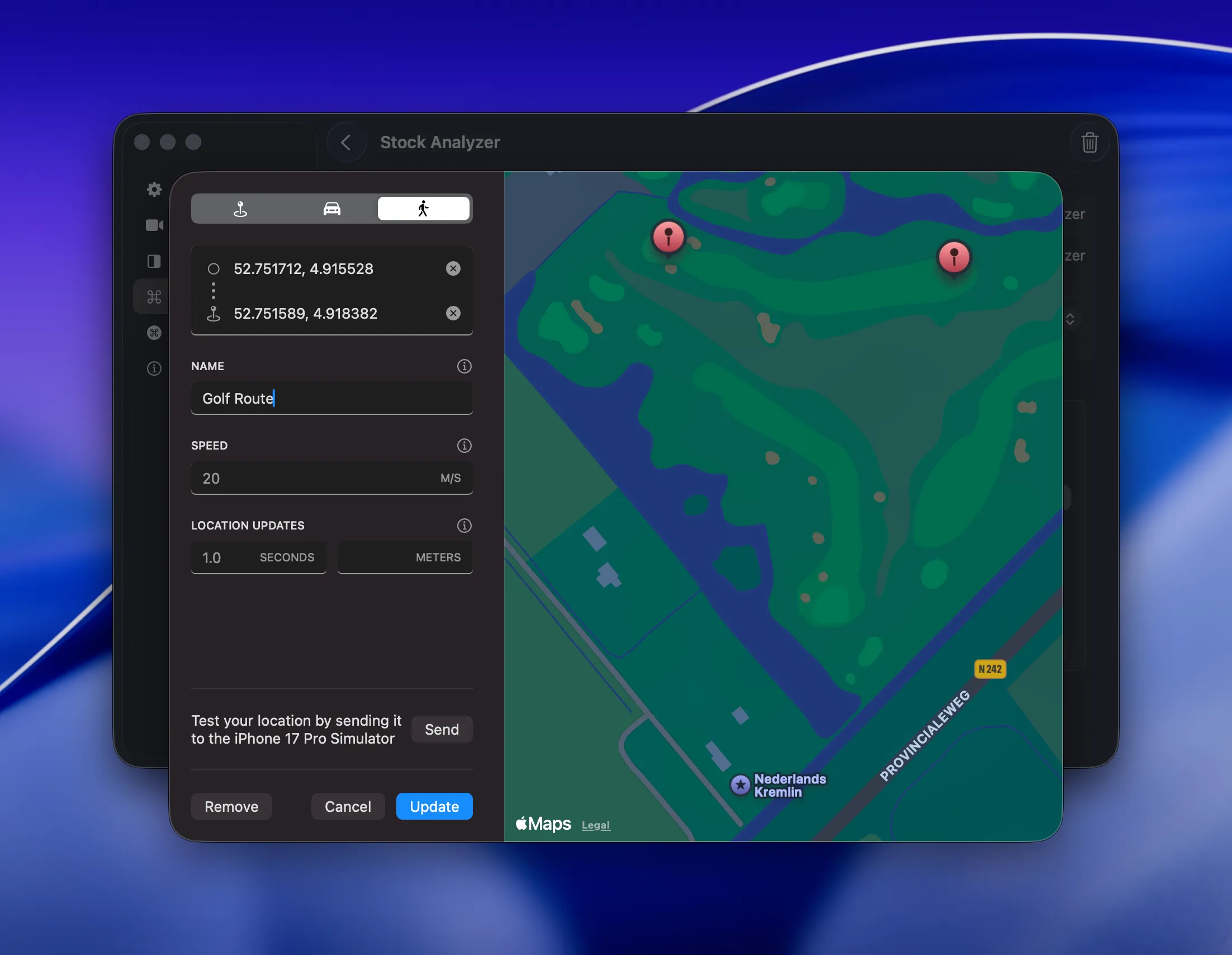 Walking route App Action configured with custom coordinates