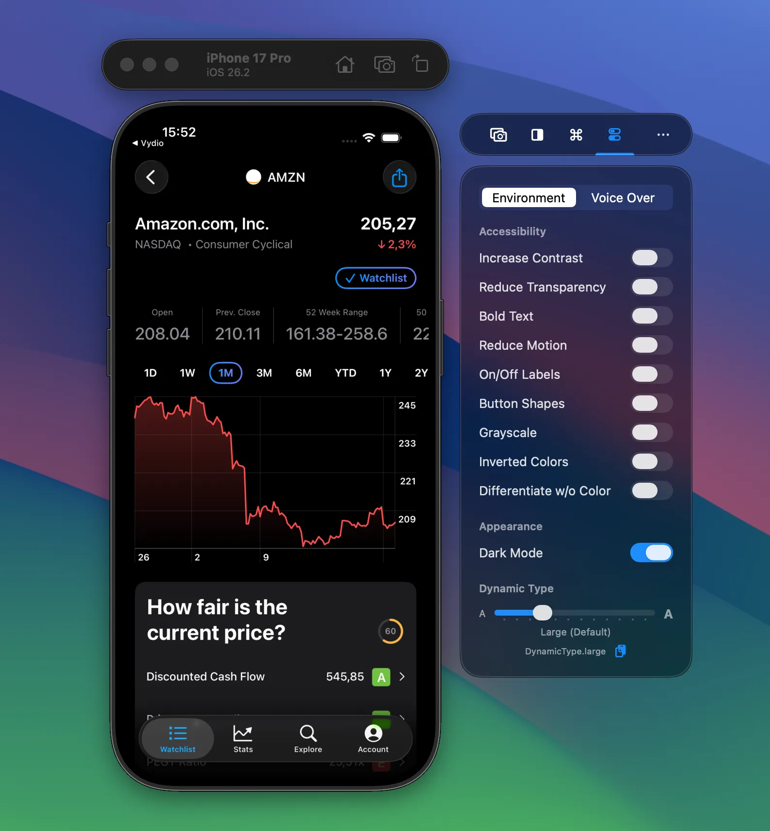 Environment tab with Accessibility toggles, Dark Mode, and Dynamic Type in the side window