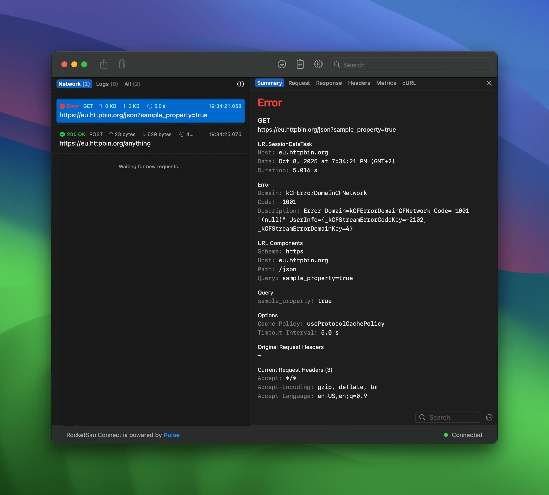 A failed URLSession network request as displayed inside RocketSim's Network Monitor.