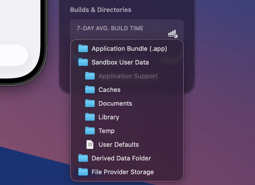 One-click access to your app's sandbox, documents, caches, derived data, and app group directories.