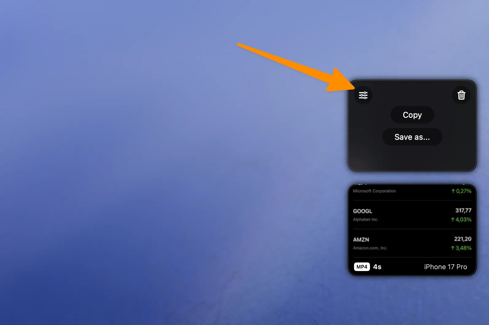 Floating thumbnail showing the action that opens the Capture Editor after capturing a screenshot or recording.