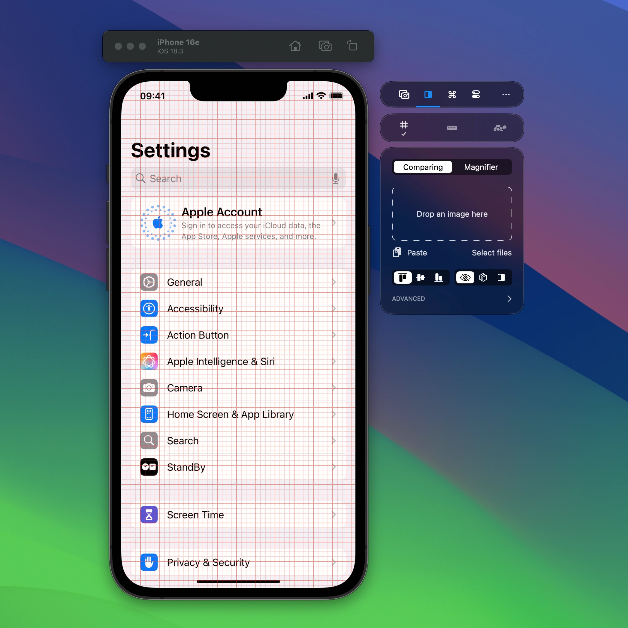 Use the grid overlay to perfectly align elements across the screen. Change the color and spacing to match your needs.
