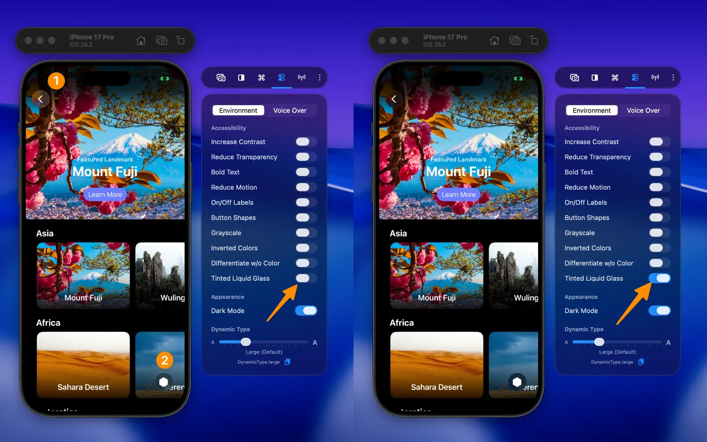 Comparison of an app before and after enabling the Tinted Liquid Glass accessibility toggle in RocketSim.