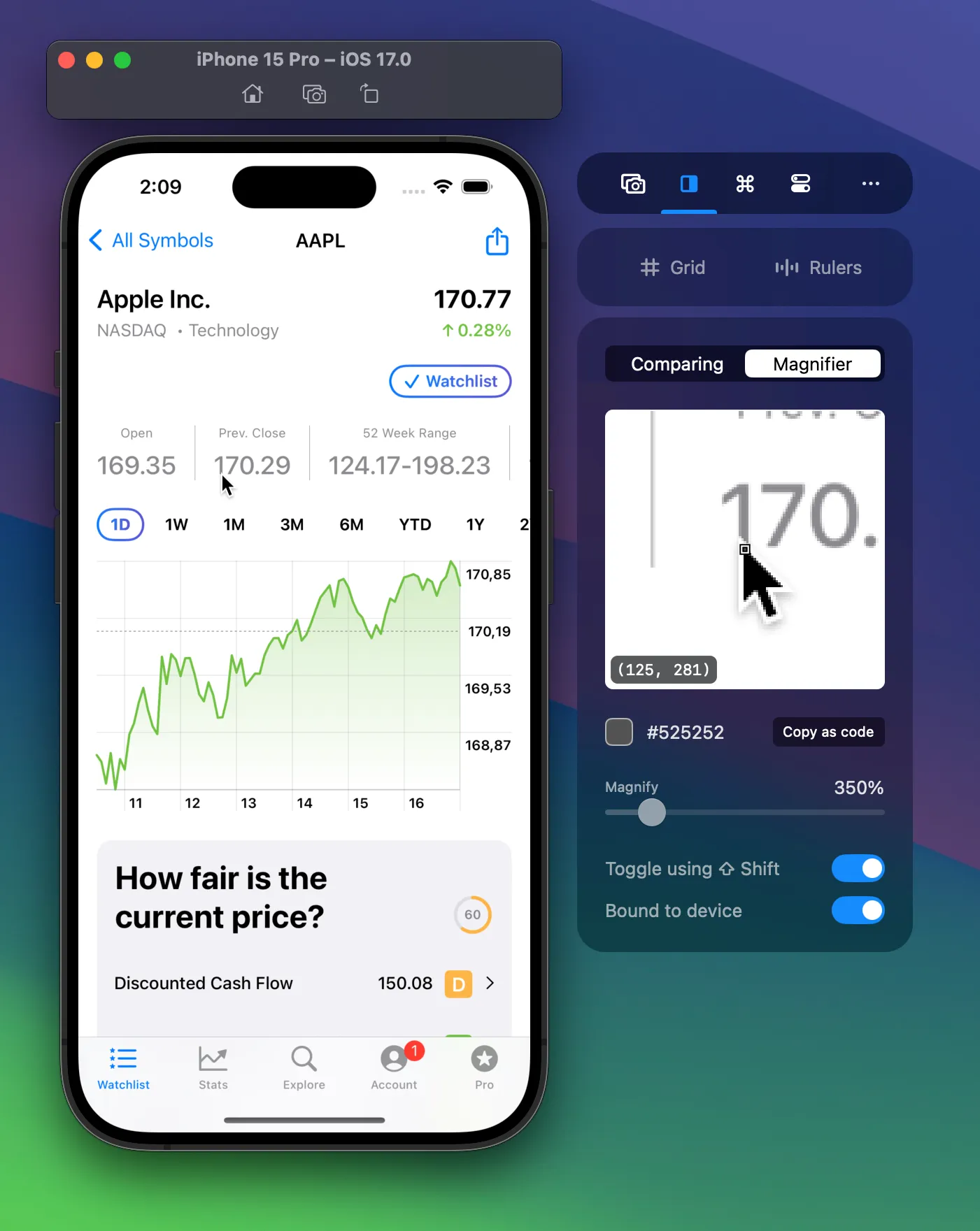 Magnifier zoomed into a UI element showing pixel-level detail