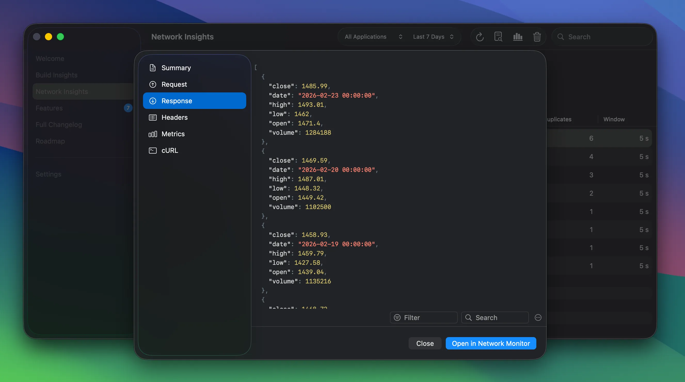 Network request detail view with summary, headers, response, and cURL