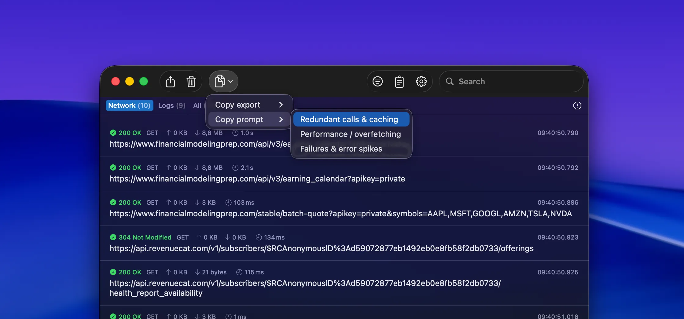 Networking toolbar with the Copy export and Copy prompt menus open.