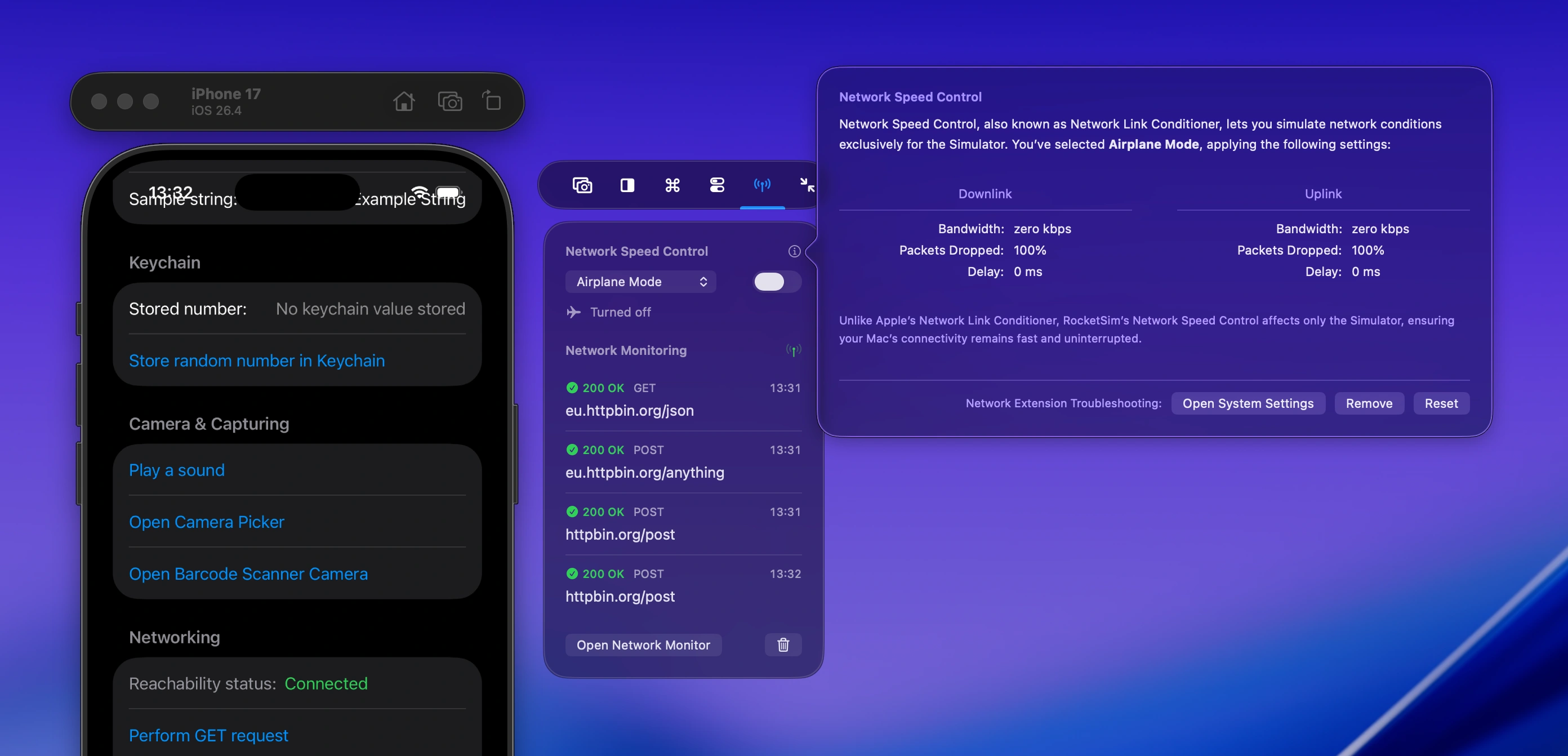 RocketSim panel that shows a dropdown for network speed control. A popup is shown that gives more information about the network speed control feature.