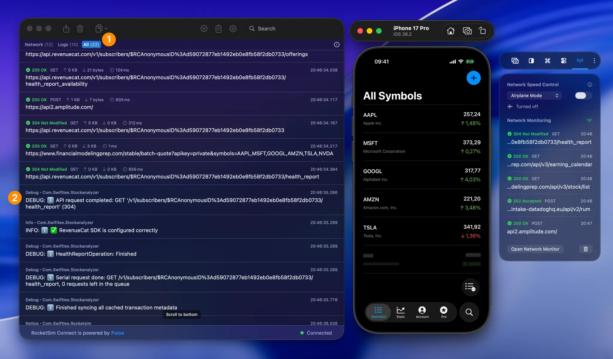 RocketSim Network Monitor showing URLSession requests and app logs next to a running iOS Simulator app.