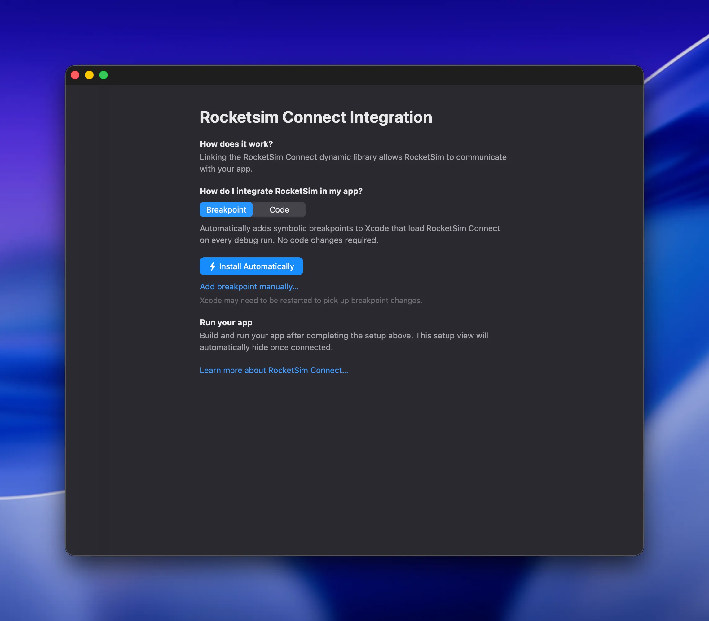 RocketSim Connect onboarding with automatic breakpoint installation selected