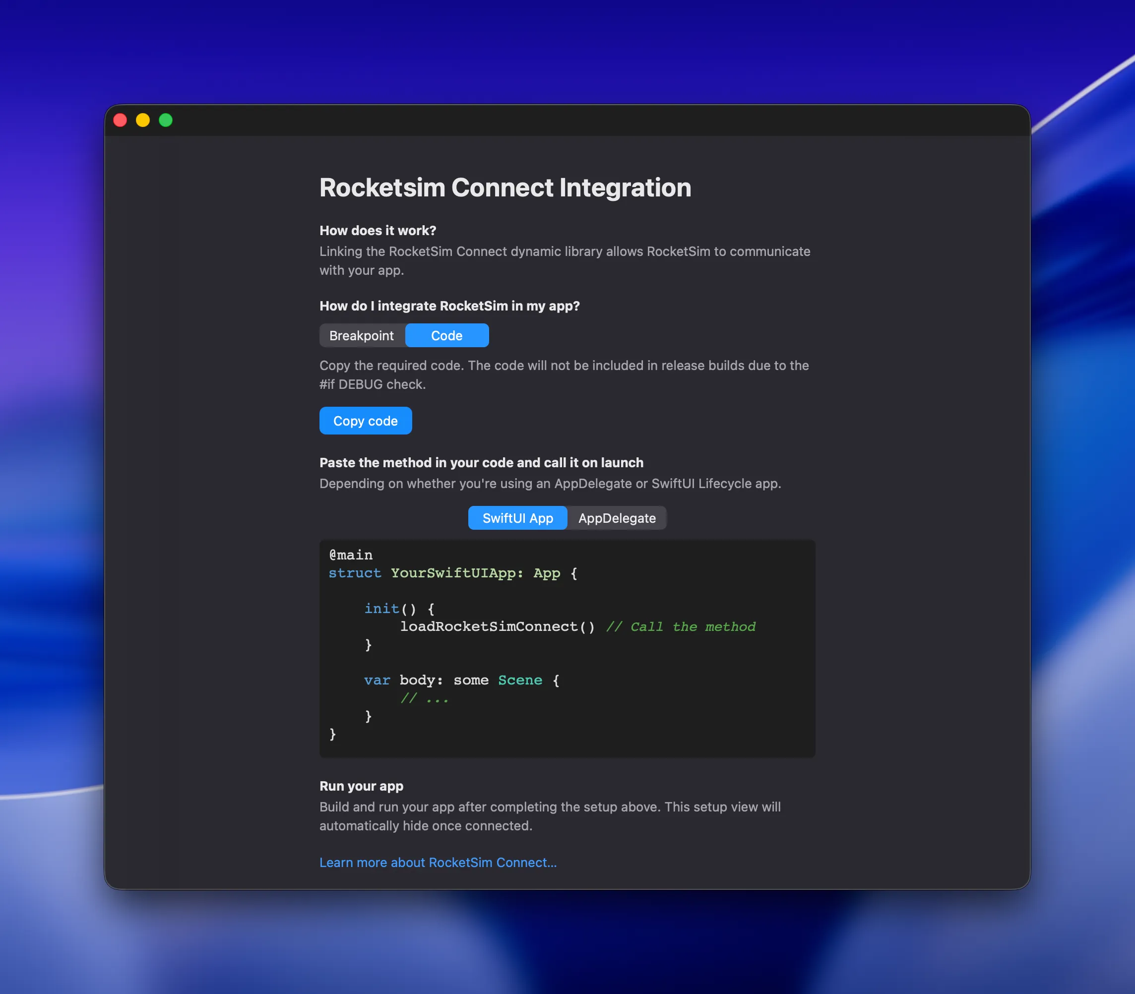 RocketSim Connect onboarding with the copy-code integration selected