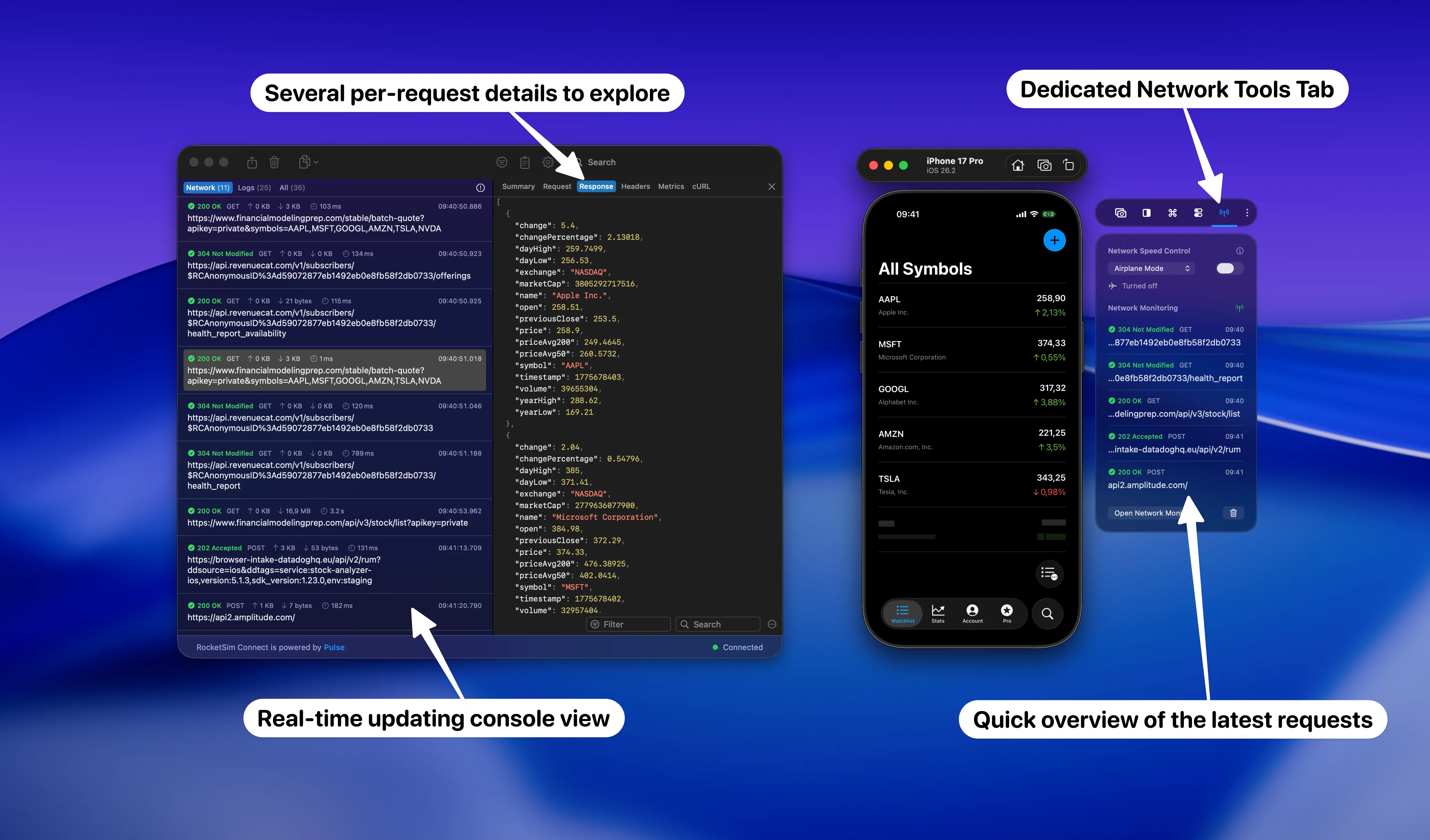 RocketSim networking tools overview with request details and network inspection controls.