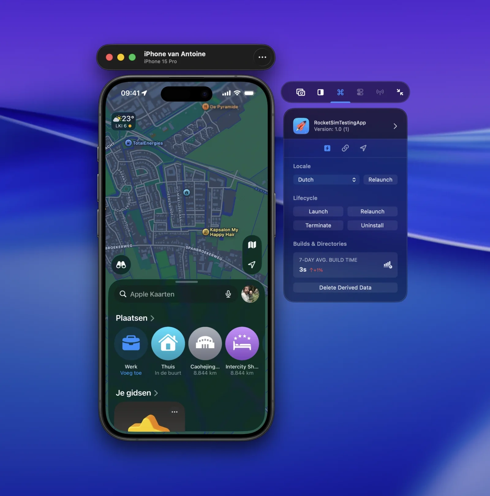 RocketSim Recent Builds actions for an app running on a physical iPhone or iPad.
