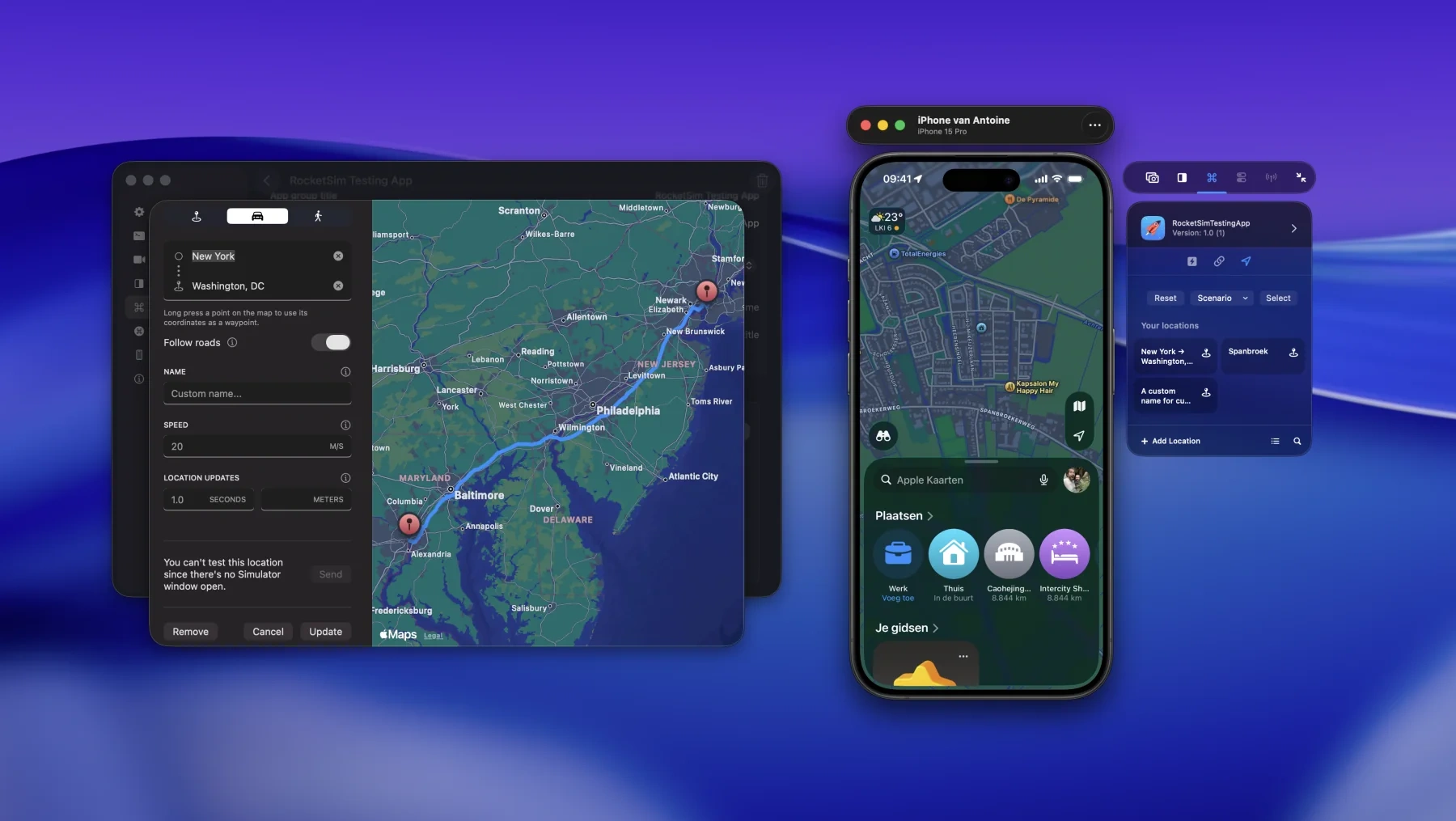 RocketSim location simulation controls used to test an app on a physical iOS device.