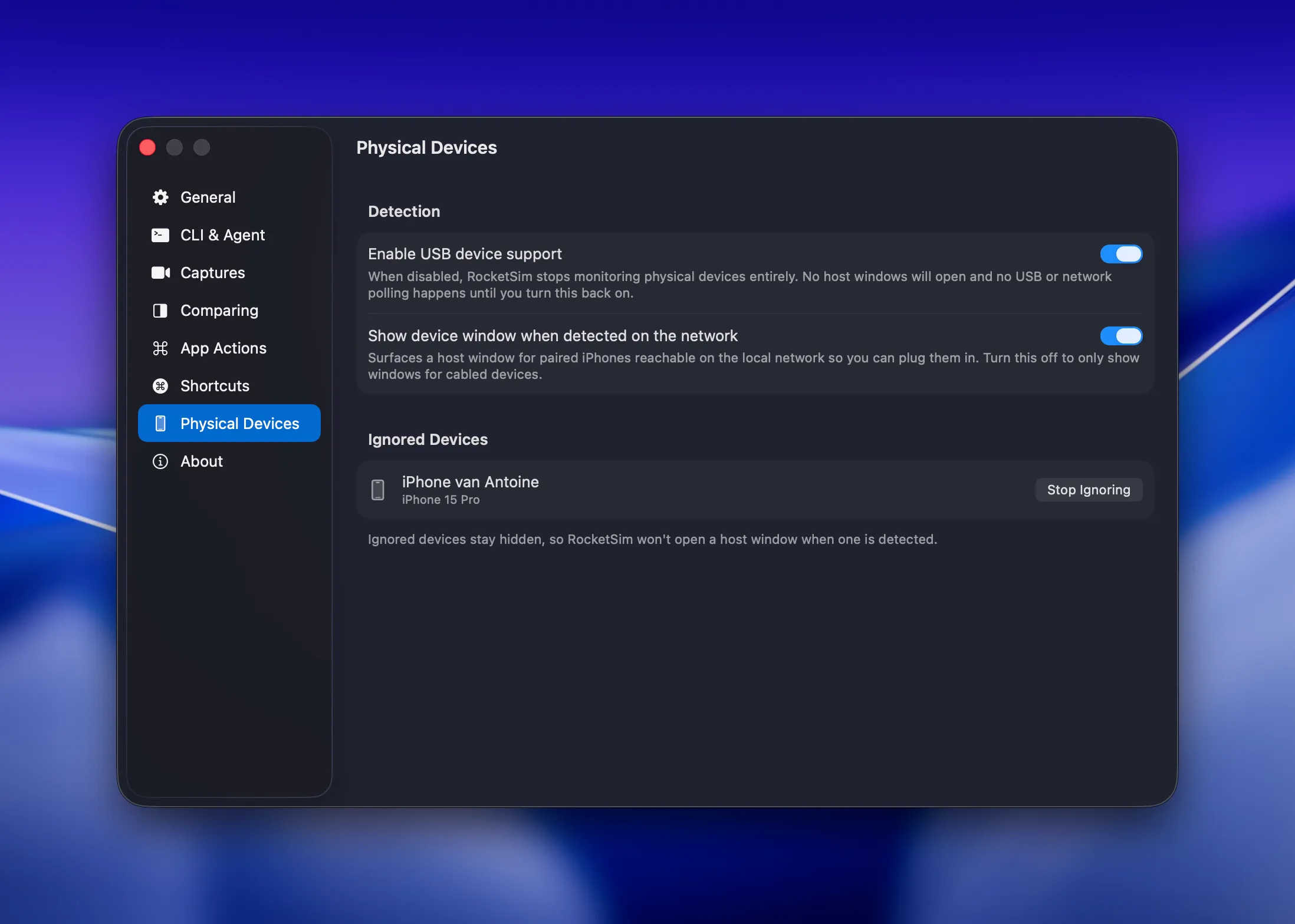 Physical Devices settings with USB and network discovery options