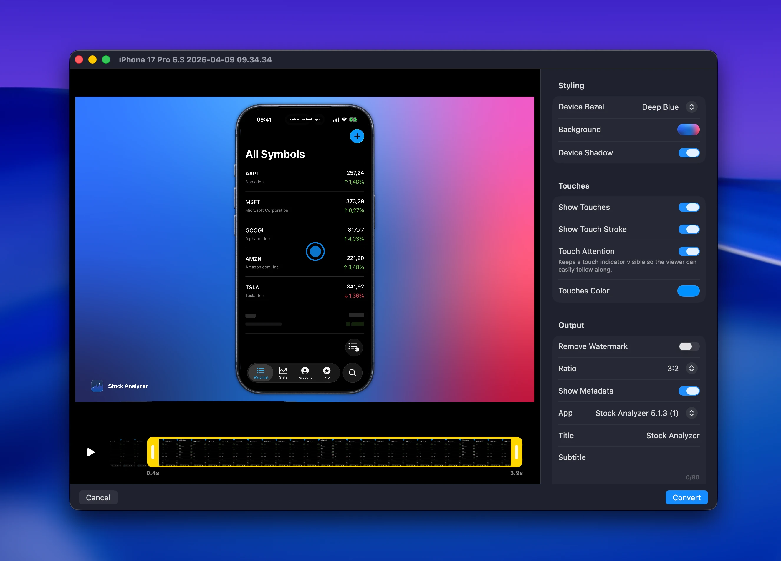 RocketSim's Post Editor trimming and restyling a Simulator recording