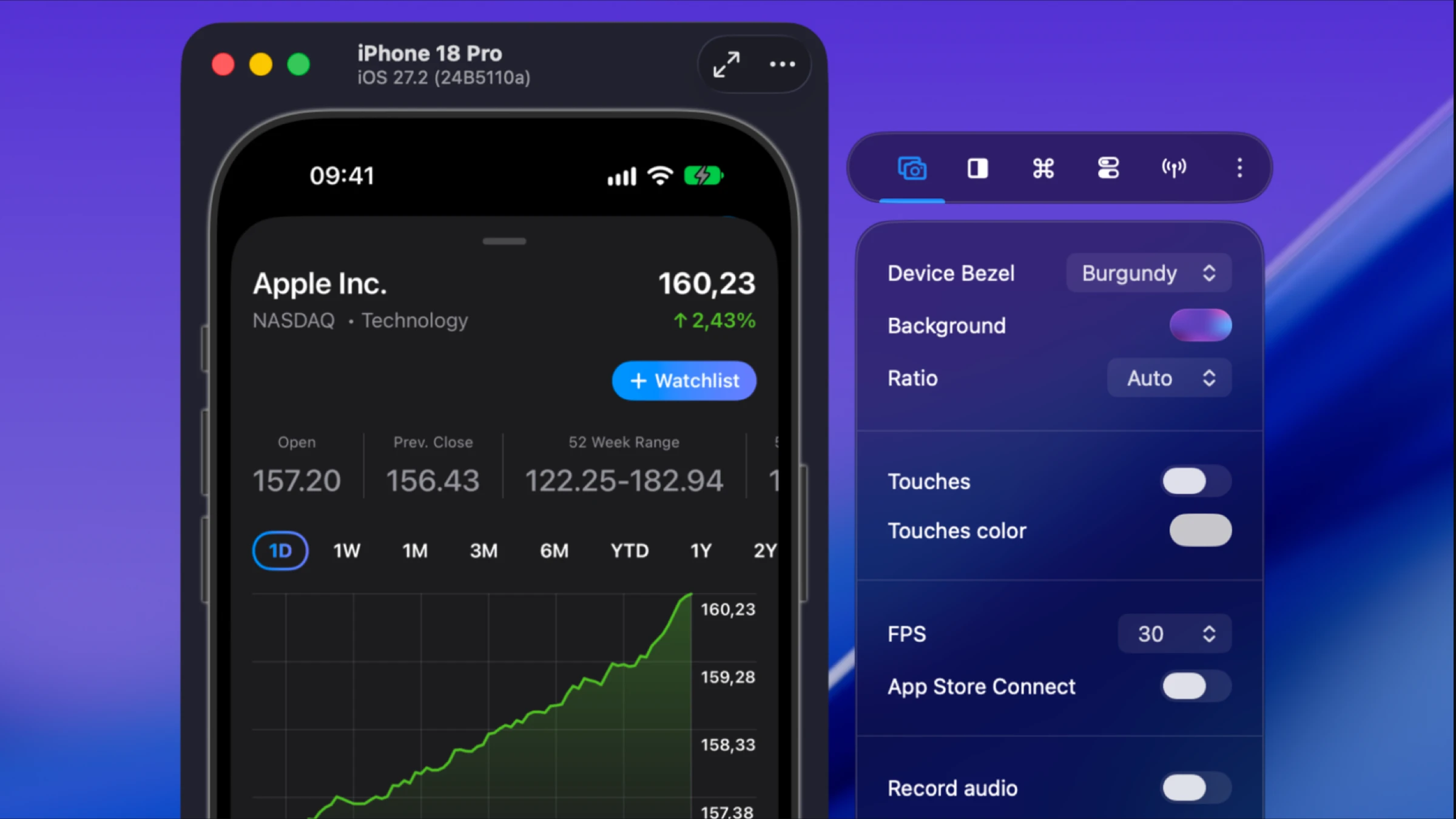 The Capturing tab next to the Apple detail page in the Simulator