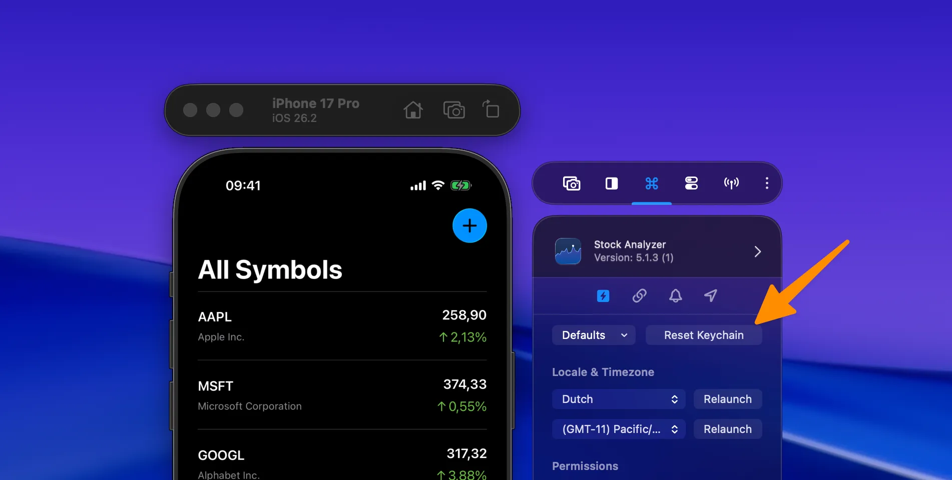 RocketSim Recent Builds side window showing the Reset Keychain quick action.