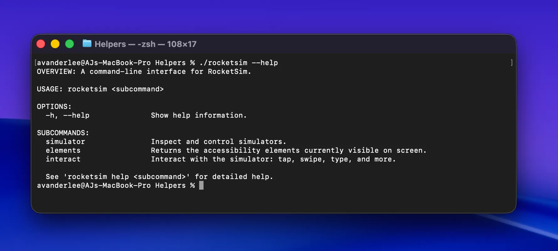 RocketSim CLI help output showing simulator, elements, and interact subcommands.