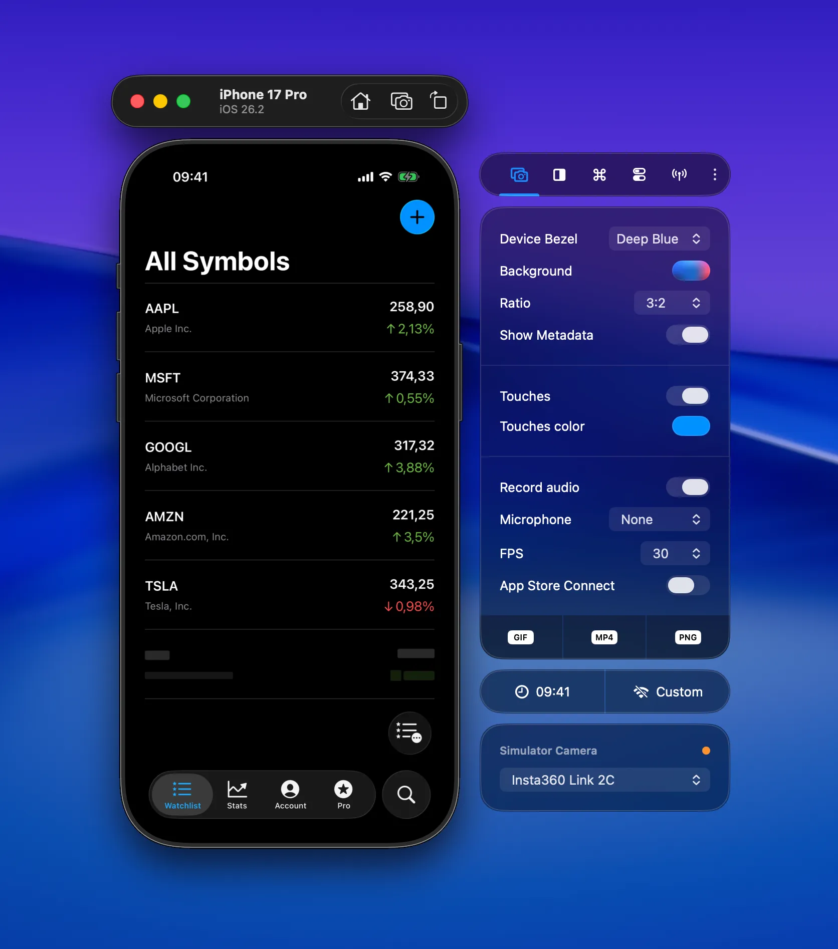 RocketSim Side Window Captures tab with touch options