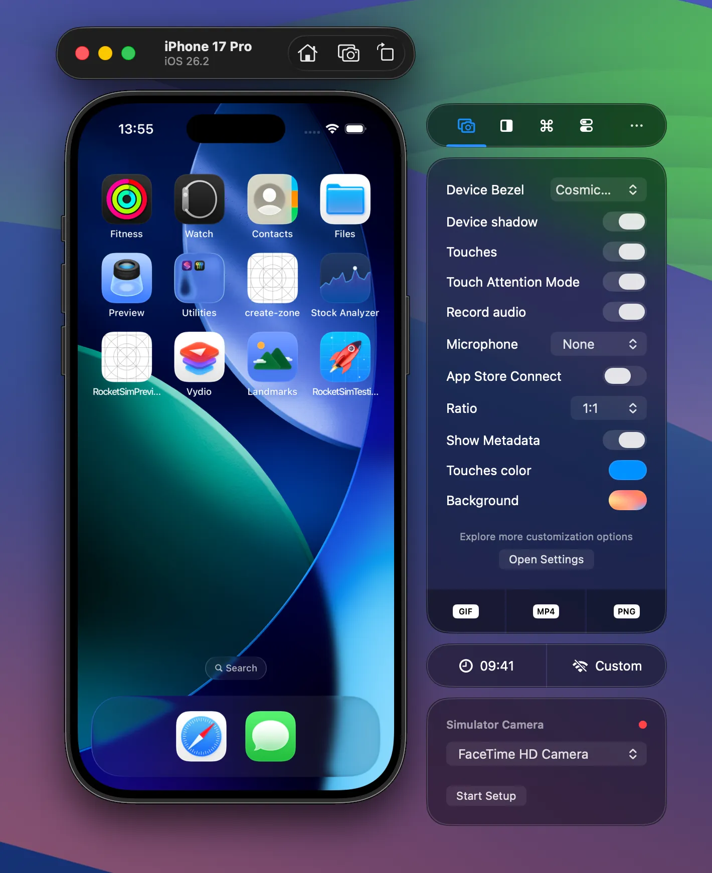 RocketSim Side Window Captures tab with touch options
