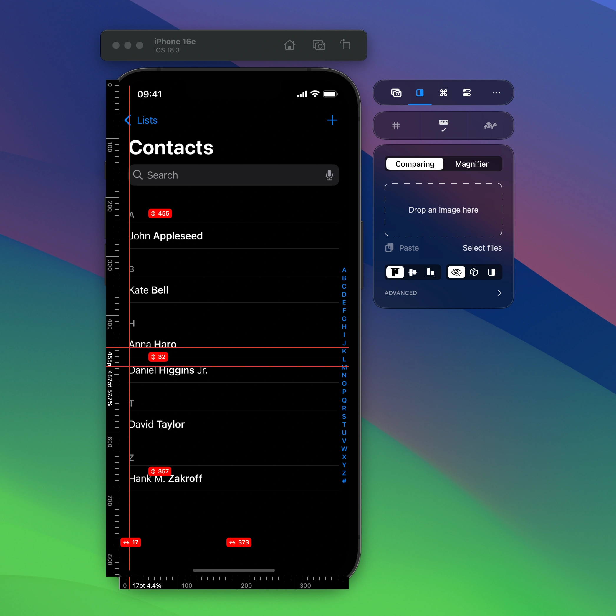 Horizontal and vertical rulers give you precise control. Coordinates are shown in on-device pixels so you know exactly where elements are placed.