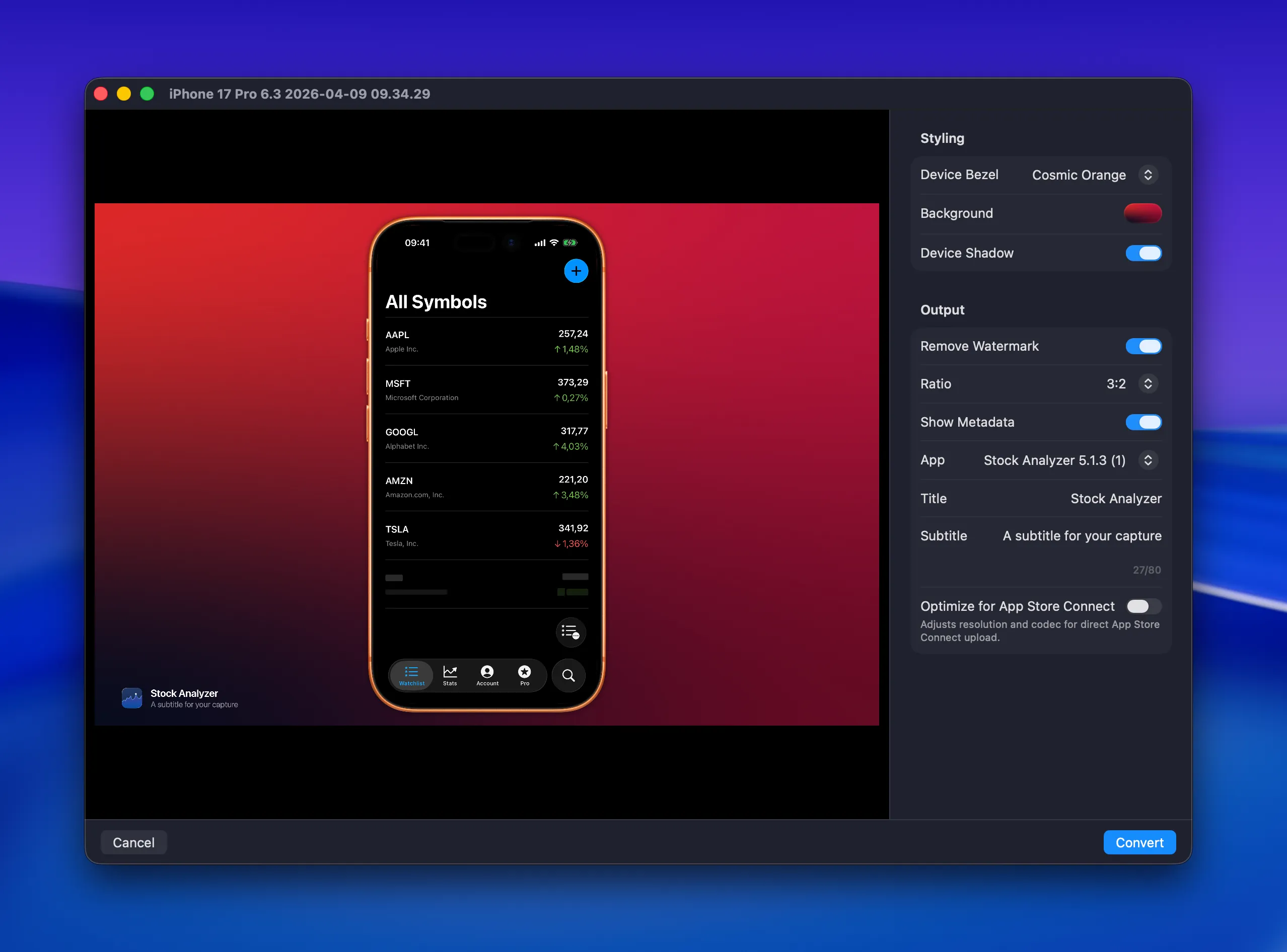 Capture Editor open for a screenshot, showing bezel, background, ratio, and metadata controls.
