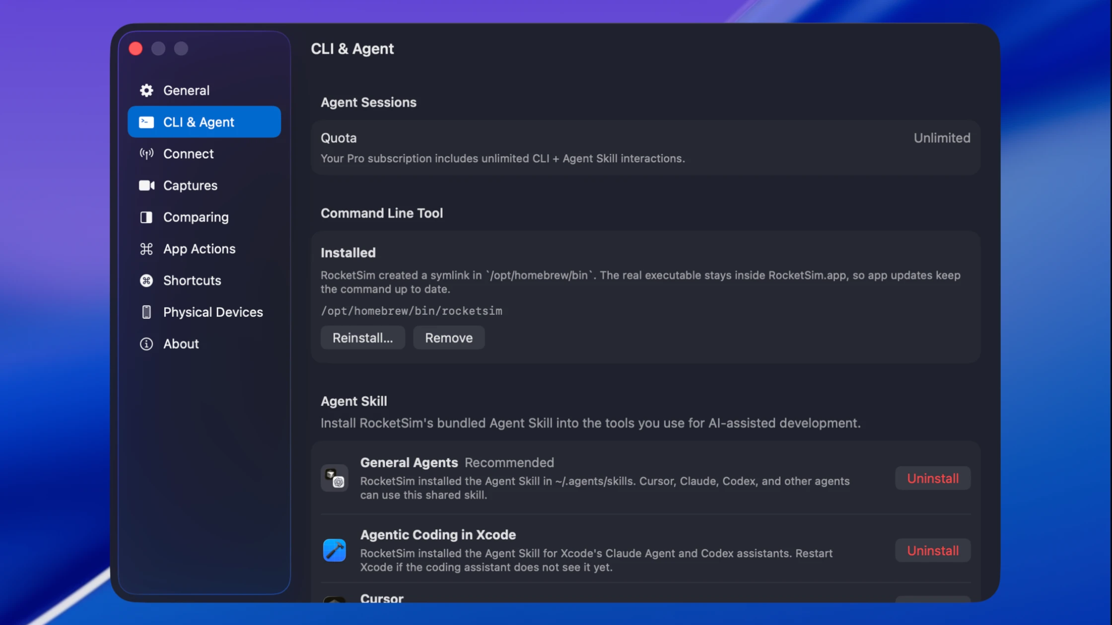RocketSim's CLI and Agent settings with install buttons