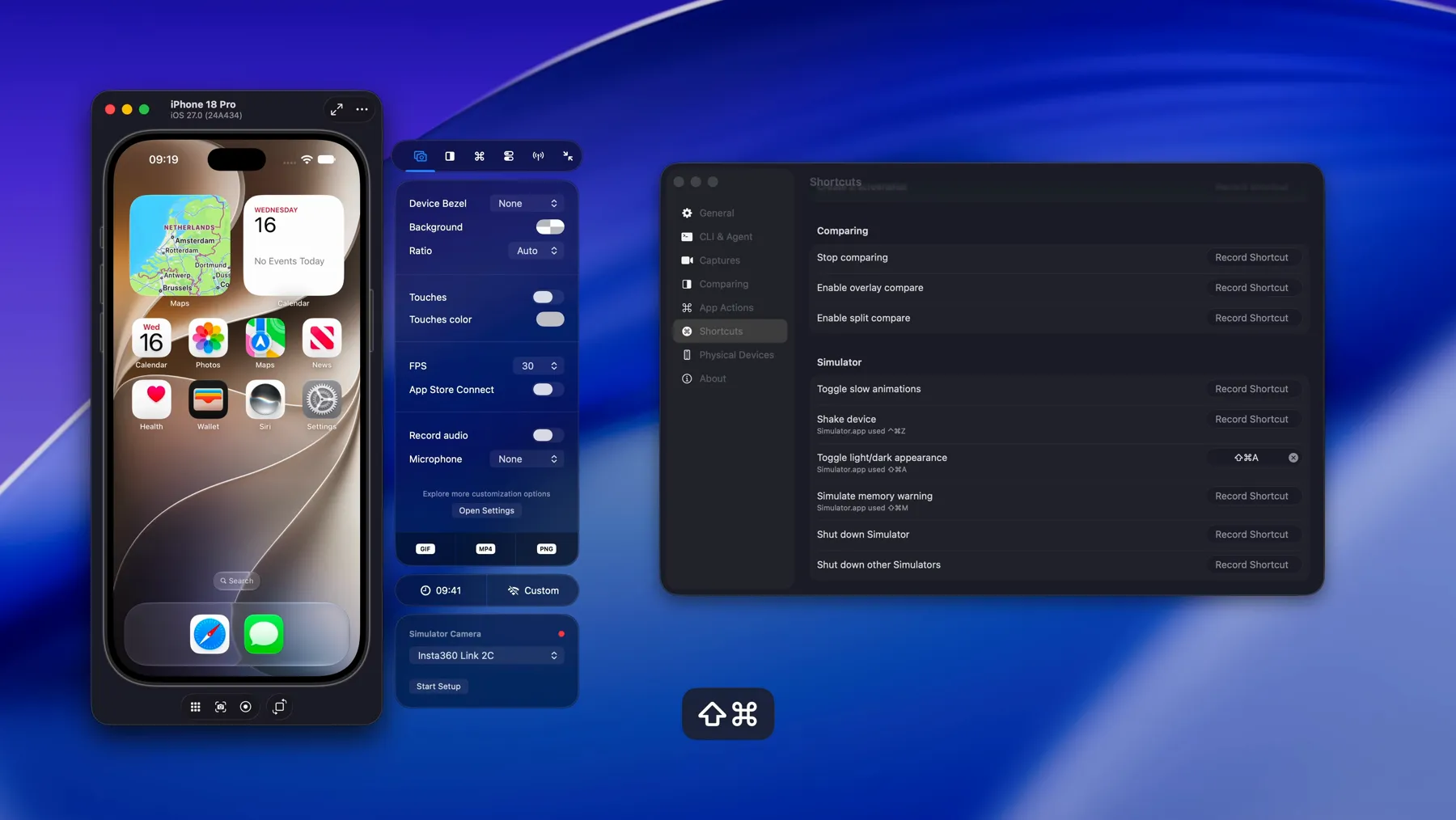 Settings Shortcuts pane with General, Simulator, App Actions, Capturing, and Comparing groups