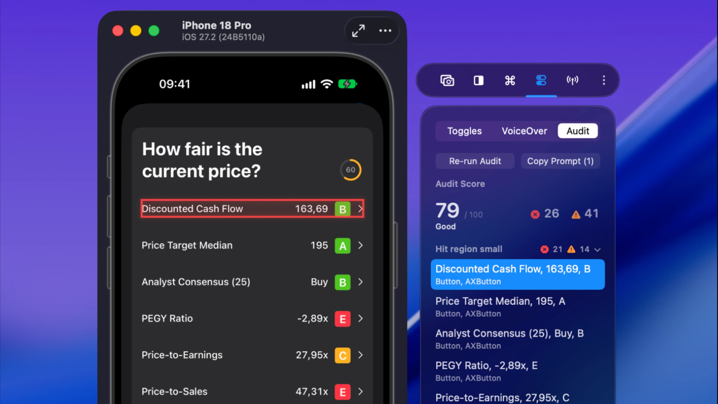 The Audit tab listing hit region findings for Stock Analyzer, with the selected Discounted Cash Flow button highlighted in the Simulator