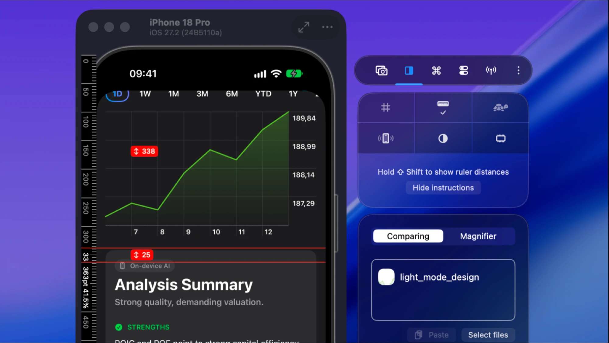 Rulers measuring the gap between the chart and the Analysis Summary on the Apple detail page