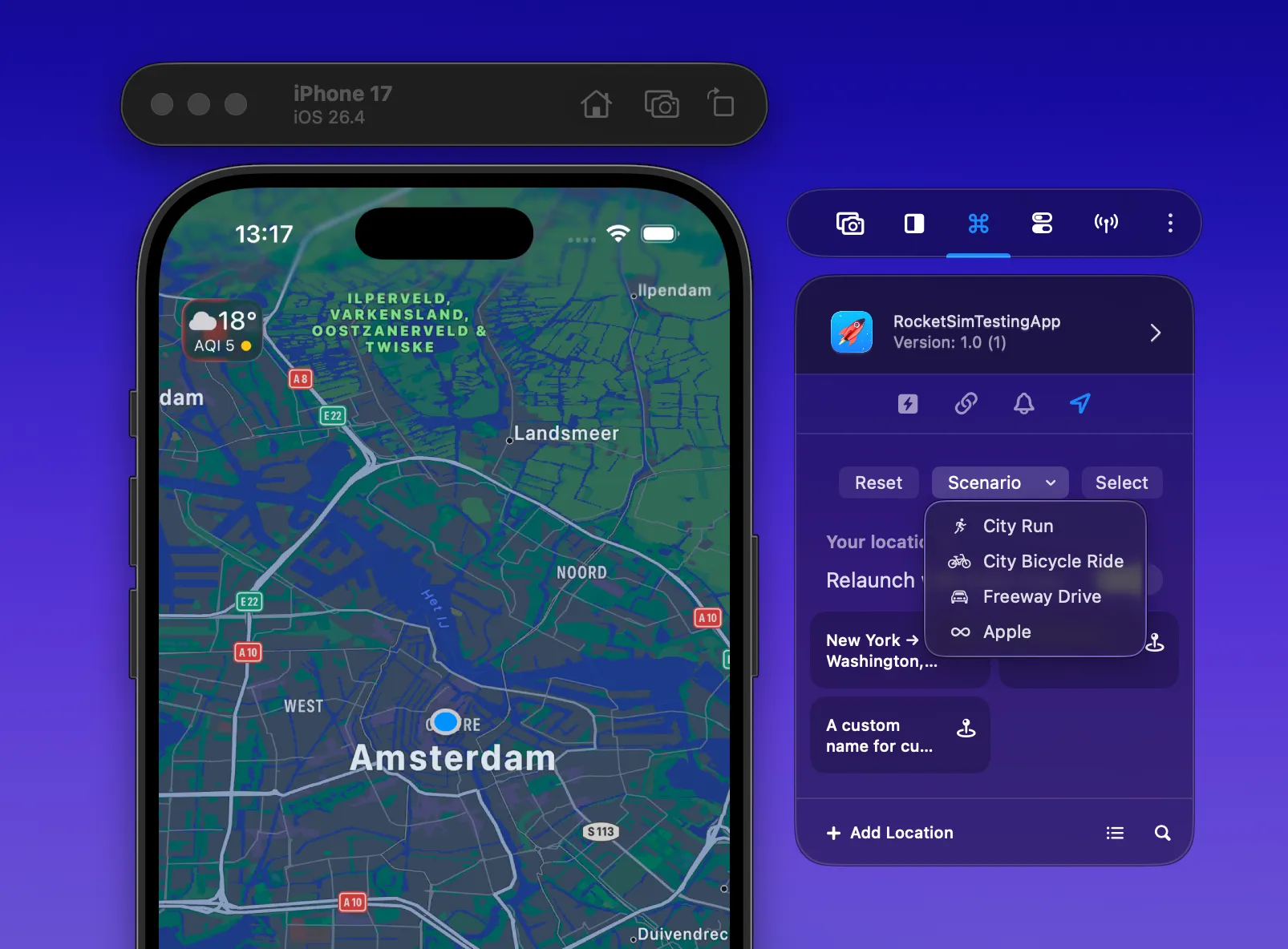 RocketSim side window showing the location scenario menu