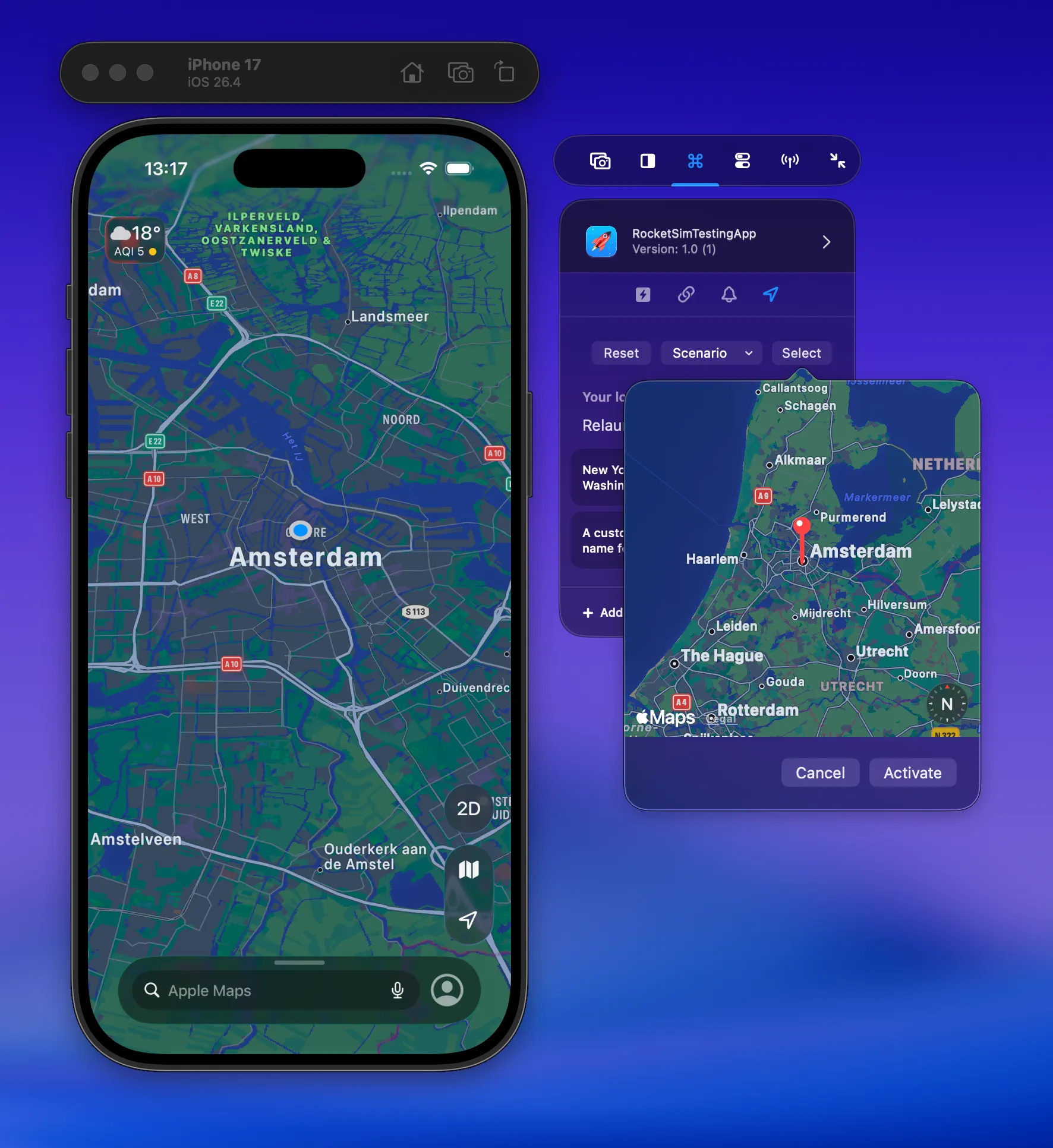 Selecting a custom location from the RocketSim side window