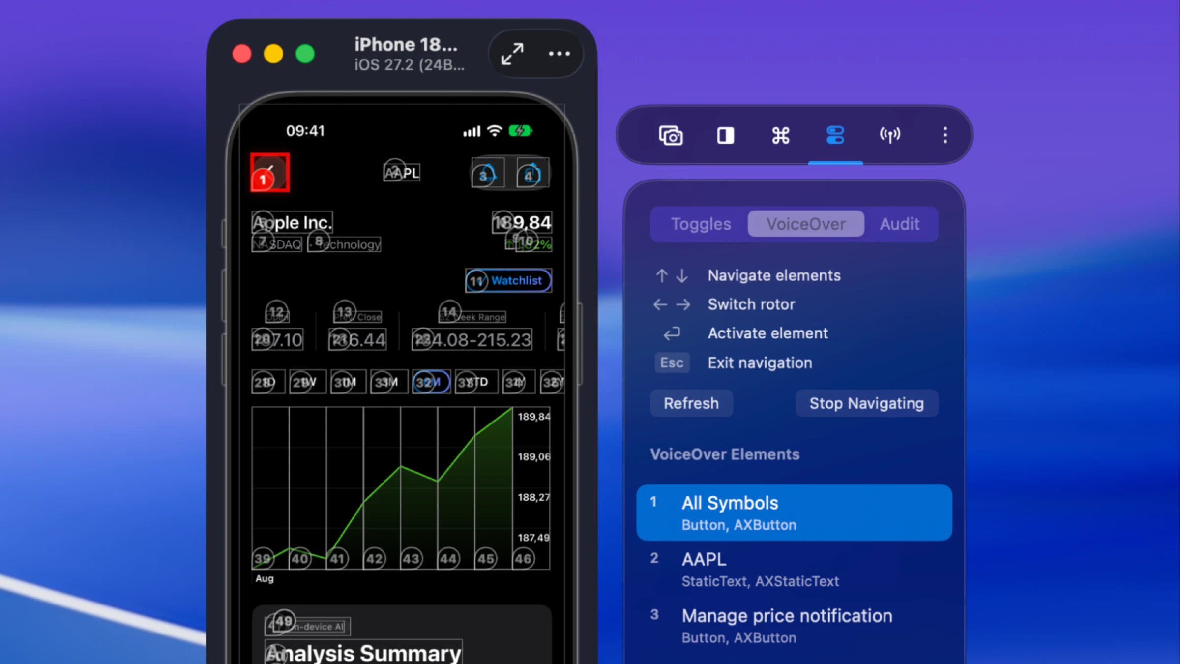 VoiceOver Navigator showing the numbered reading order over the Stock Analyzer watchlist