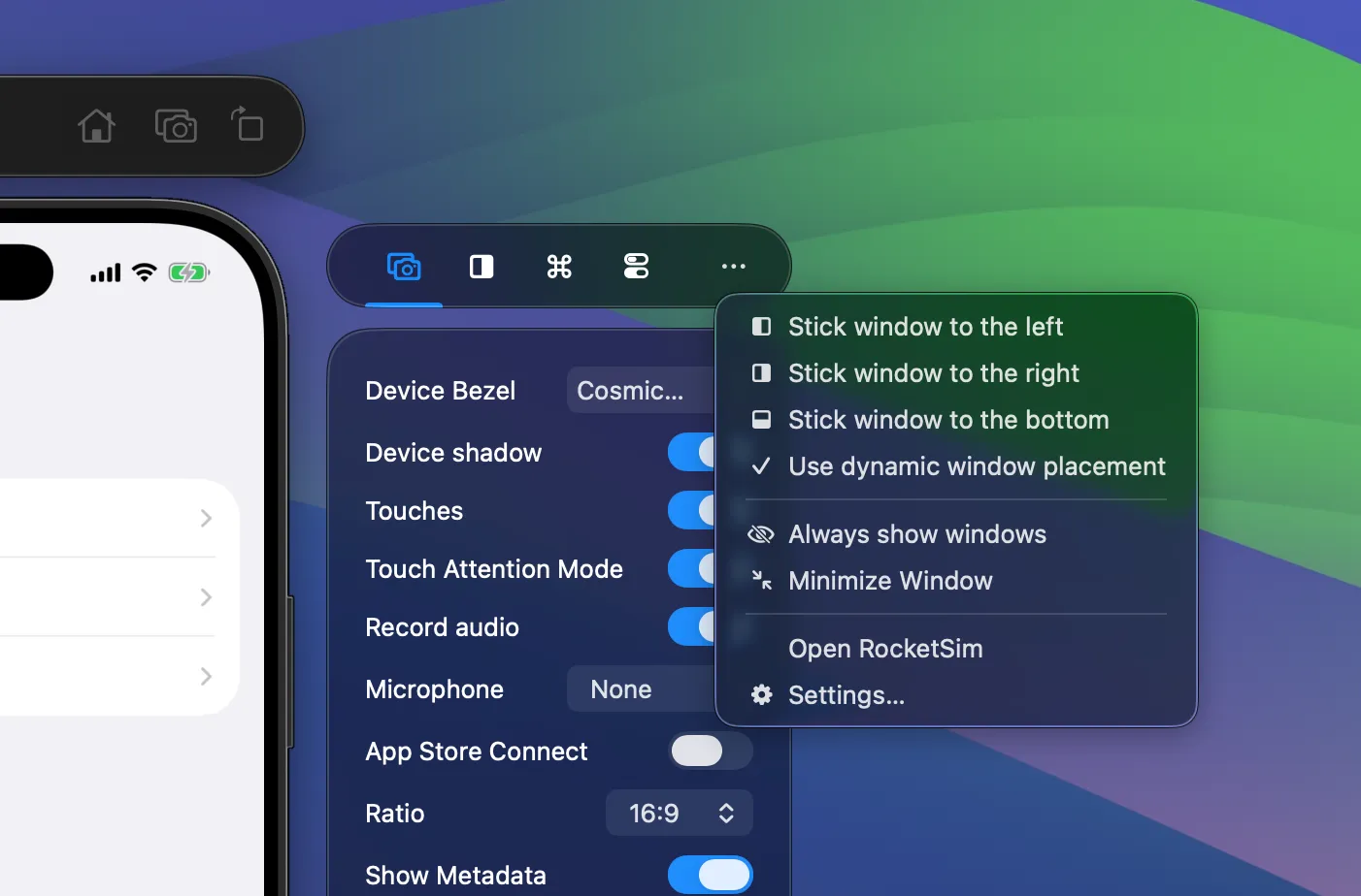 Side window more button menu with hide and placement options