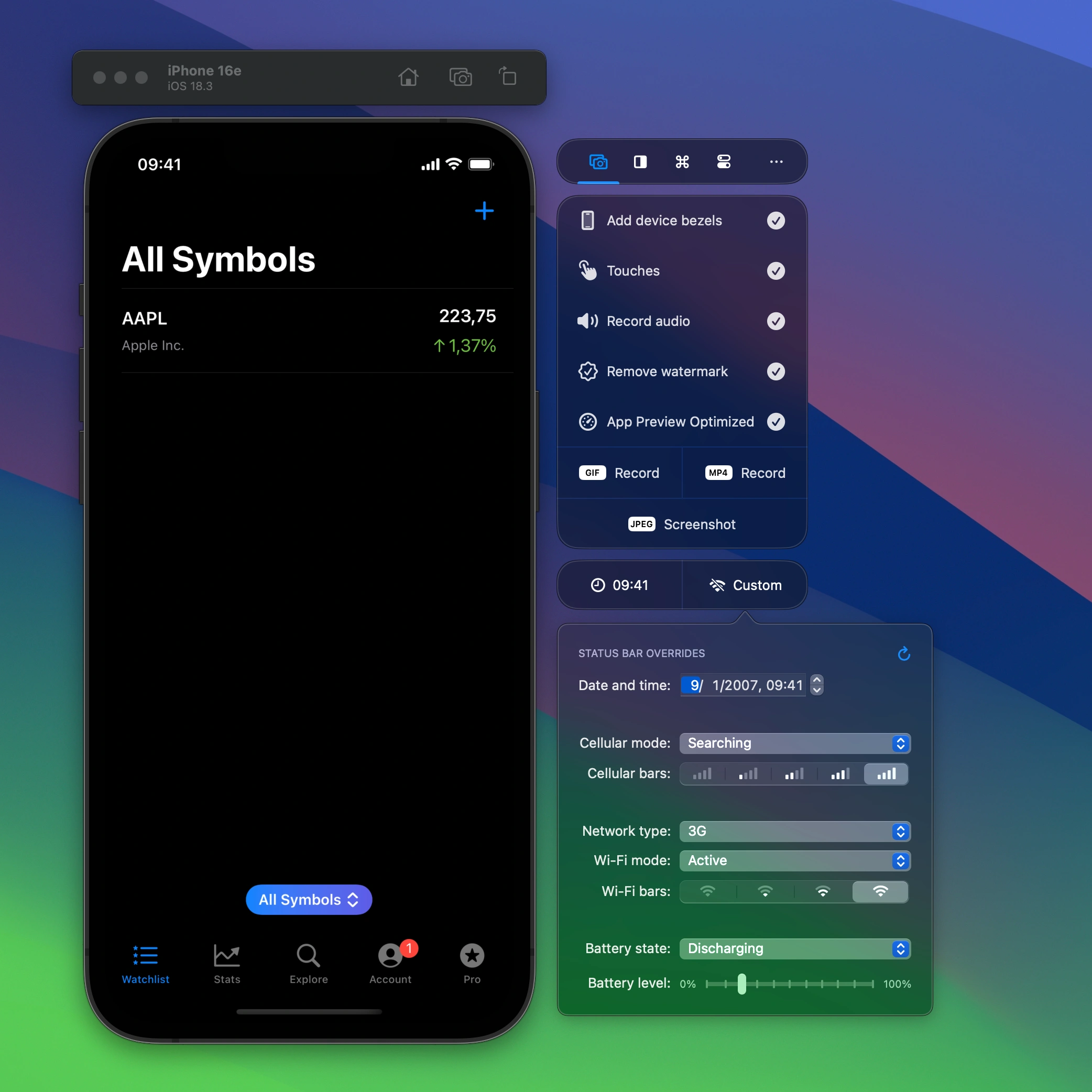Customize the Simulator Status Bar and use any time, battery status, and more